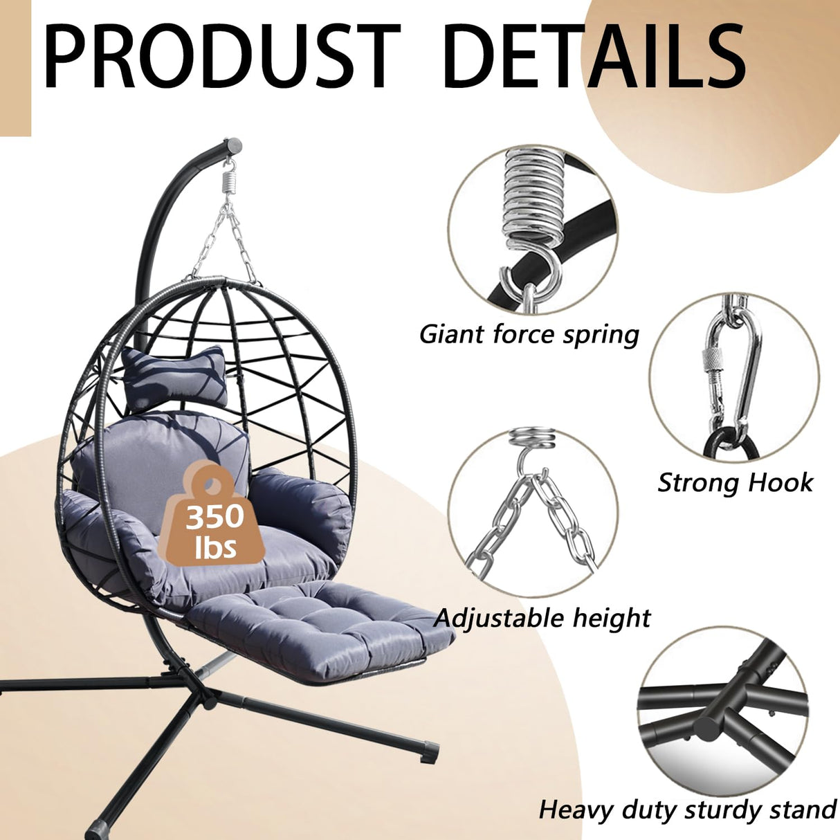 Indoor Outdoor Hanging Egg Chair with Stand & Leg Rest – Heavy-Duty Steel Frame, Handwoven Rattan Swing Chair for Patio, Garden, Bedroom – 350 lbs Capacity, Ergonomic Design (Black) Nevsokio