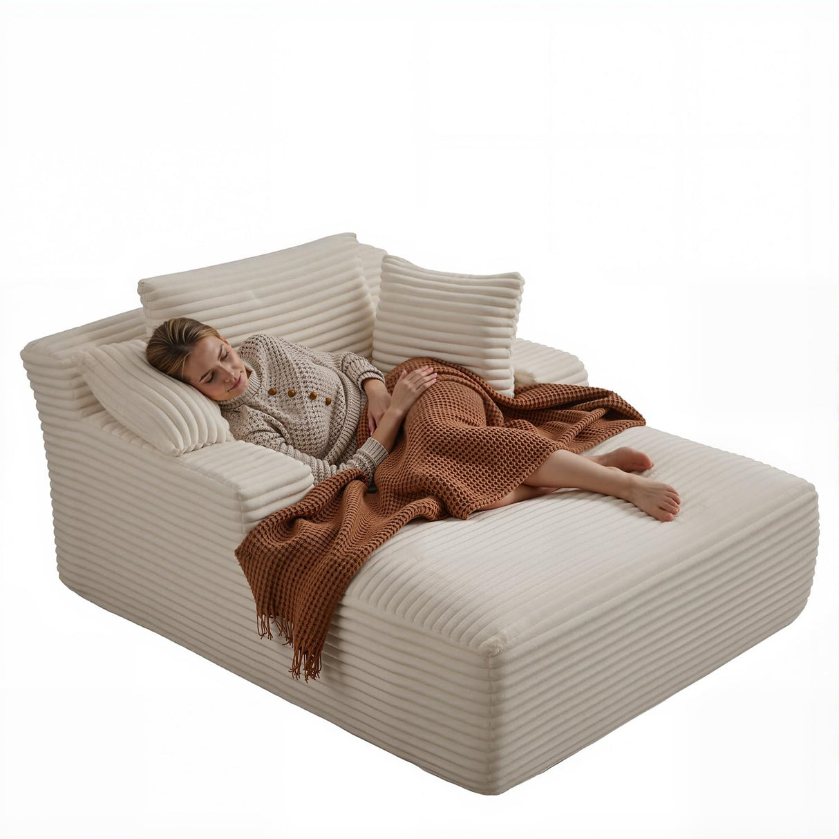 67 Inch Chaise Lounge Chair Indoor, Oversized Corduroy Upholstered Boneless Sofa Bed, Deep Seat Sleeper Couch Reading Chairs, Cloud Sofas Couches for Living Room, No Assembly Required (Beige) HANXIN