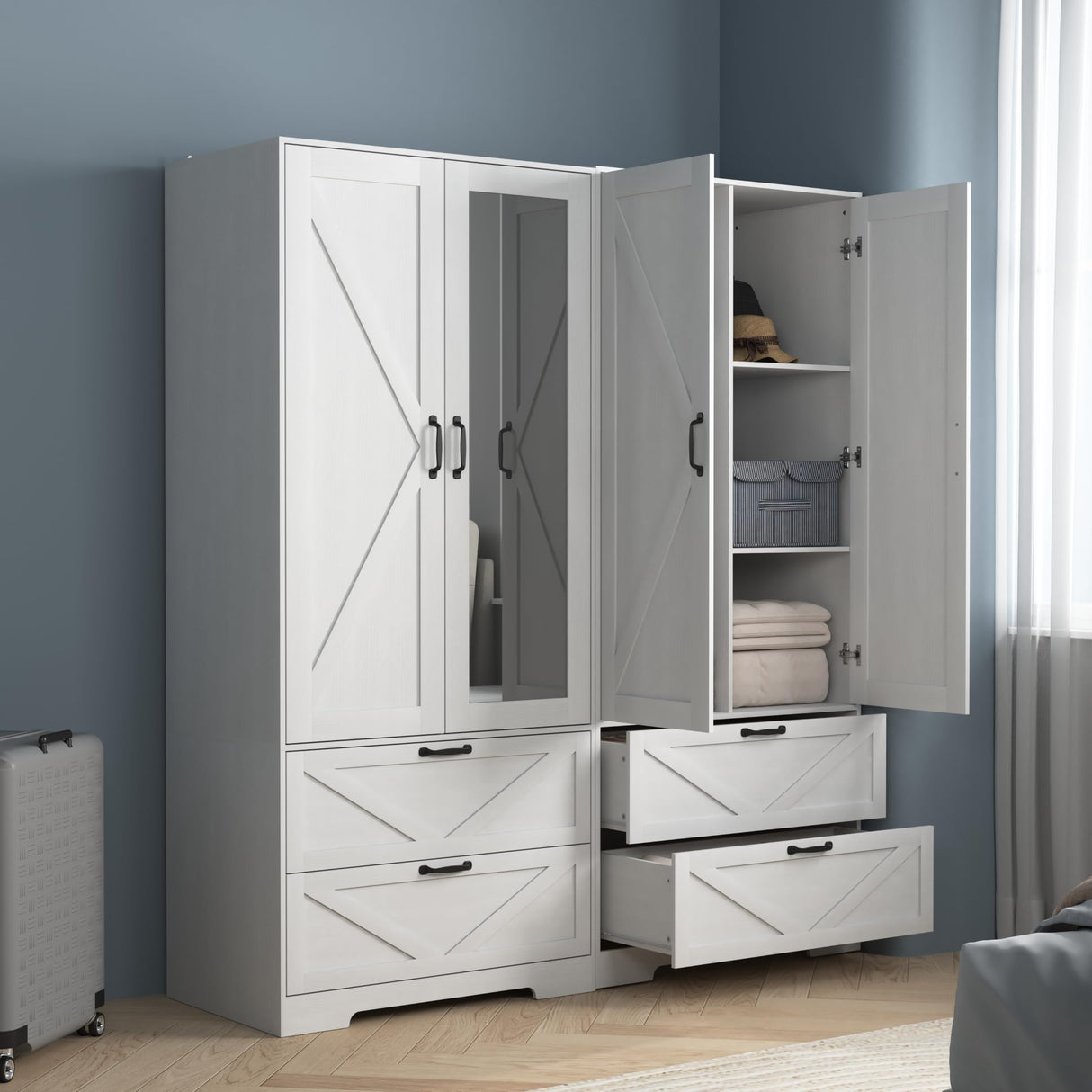 Armoire Wardrobe Closet, with 2 Rattan Doors, Freestanding Wooden Wardrobe Cabinet with 3 Storage Drawers and Hanging Rail, Wardrobe Armoire for Bedroom (White+Mirror) Rumiiro