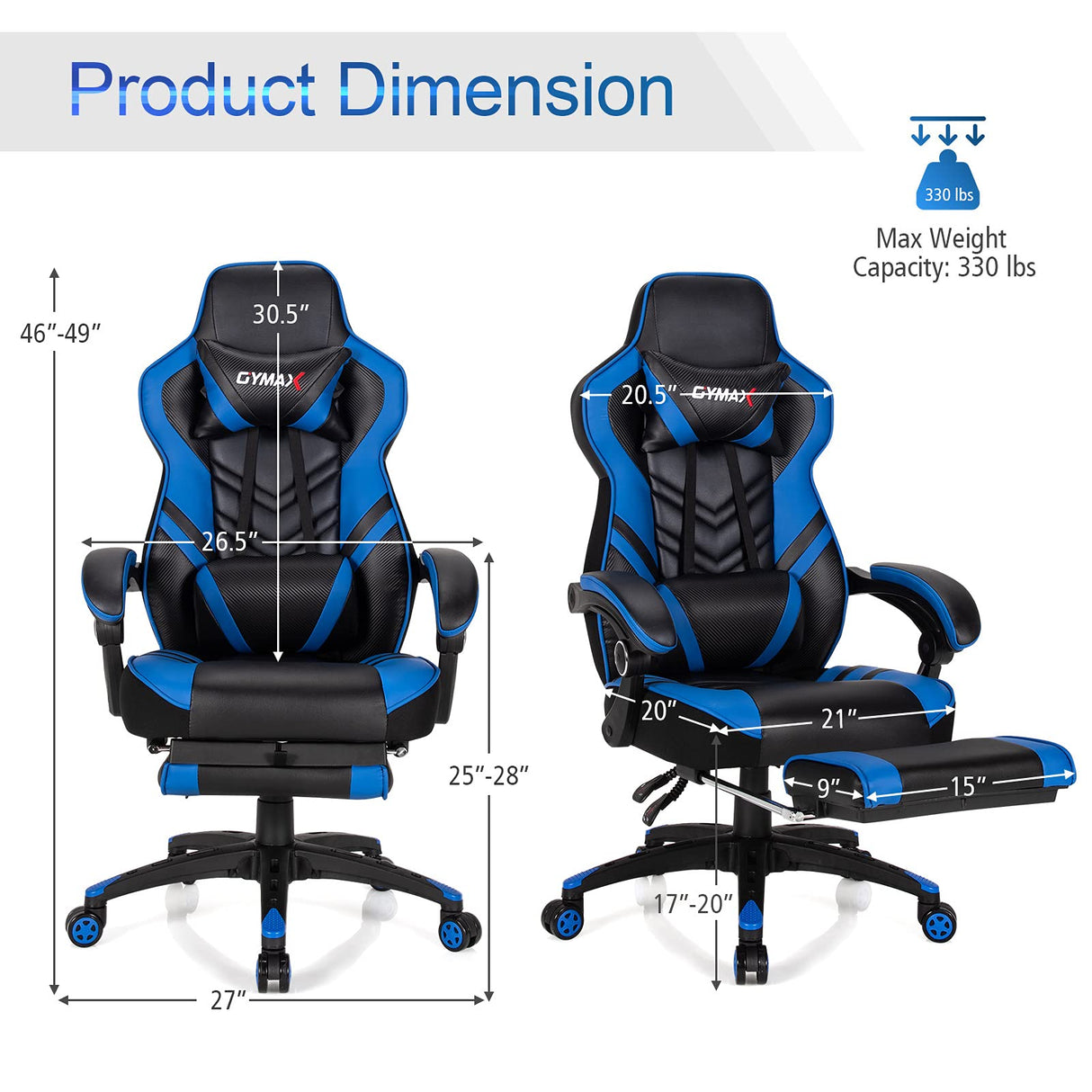 Blue Gaming Chair Ergonomic Computer Chair for Adults Teens Reclining Gamer Chair High Back Game Chair Racing Style Desk Chair with Retractable Footrest, Lumbar Support and Headrest TOMANOR