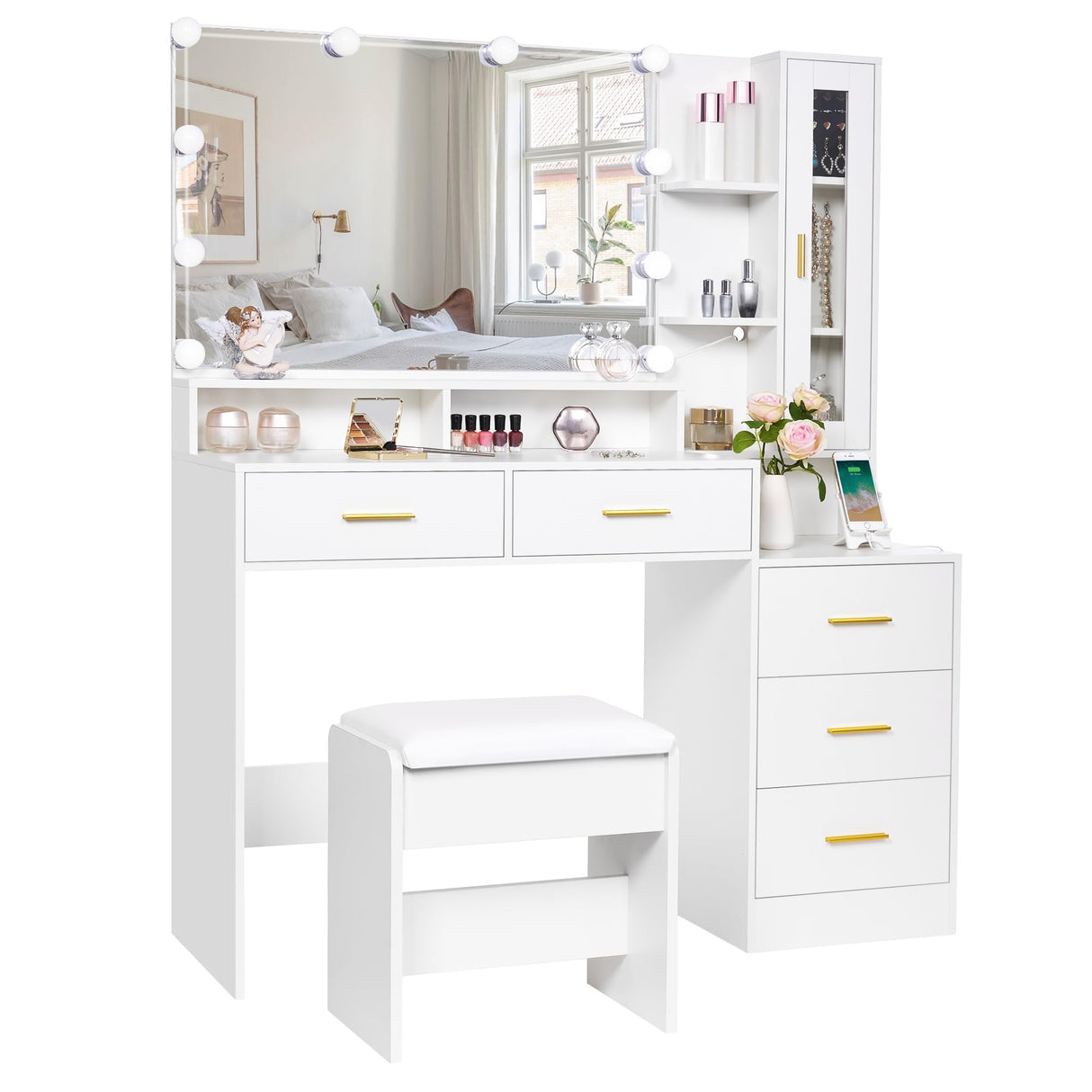 ANWBROAD Large Vanity Desk with Mirror and Lights 45.3" Makeup Vanity with Charging Station Nightstand 3 Lighting Modes Vanity Table Set with 5 Drawers Jewelry Cabinet Glass Door Bedroom White UBDT68W ANWBROAD
