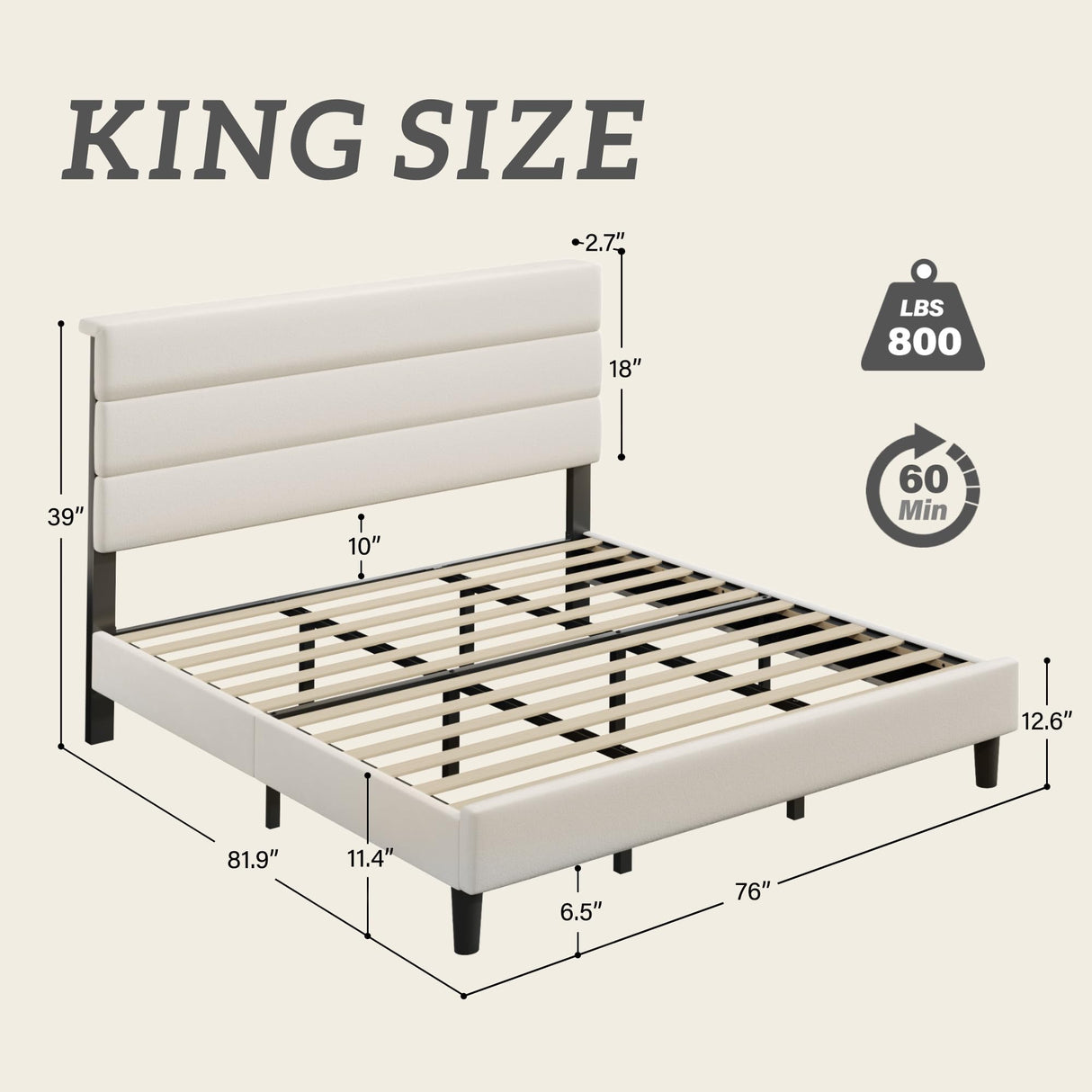 Fluest King Bed Frame, Platform Bed with Velvet Upholstered Headboard, No Box Spring Needed, Sturdy Metal Support, Noise Free, Easy Assembly, Mattress Foundation, Modern Bedroom Furniture, Beige Fluest