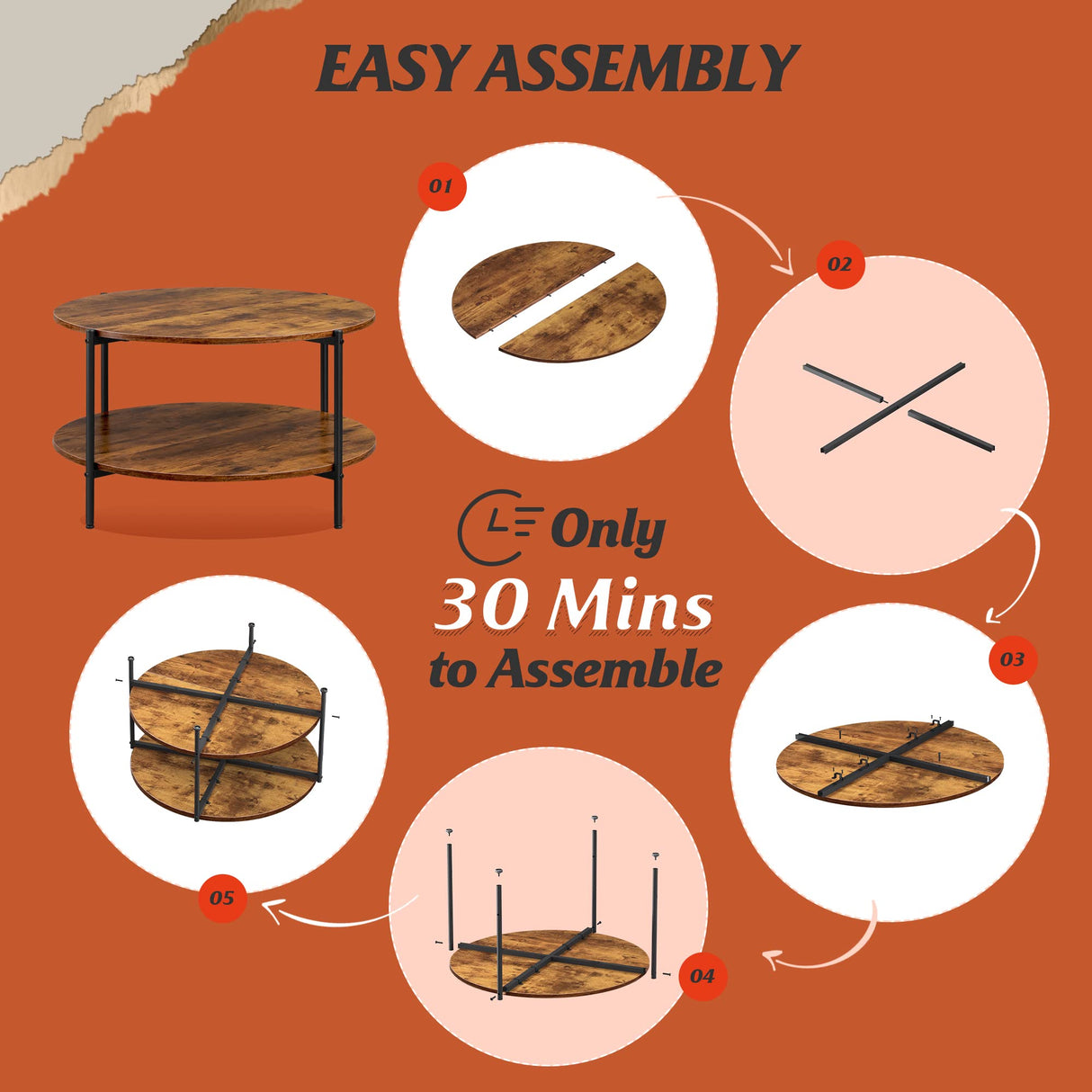 WLIVE Round Coffee Table, Rustic 2-Tier Circle Coffee Table with Open Storage Shelf, Industrial 32.6" Wood Round Center Table for Living Room, Bedroom, Home Office, Rustic Brown WLIVE