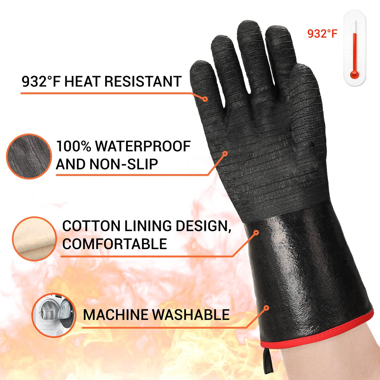 Schwer Grill BBQ Gloves 932℉ Heat Resistant Cooking Barbecue Gloves Waterproof Grilling Gloves for Turkey Fryer, Baking, Oven, Oil Resistant Neoprene Coating with Long Sleeve Schwer