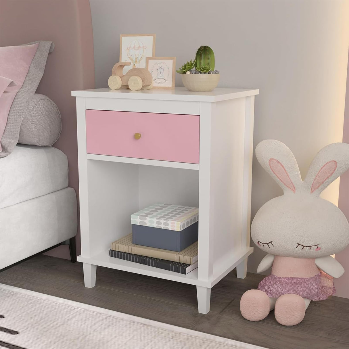 kikiumi White Nightstand,Night Stand with Pink Drawer,2-Tier Bed Side Table with Storage,Wood Bedside Table,Small Night Stands for Bedrooms Modern/Simple (1,Pink) kikiumi