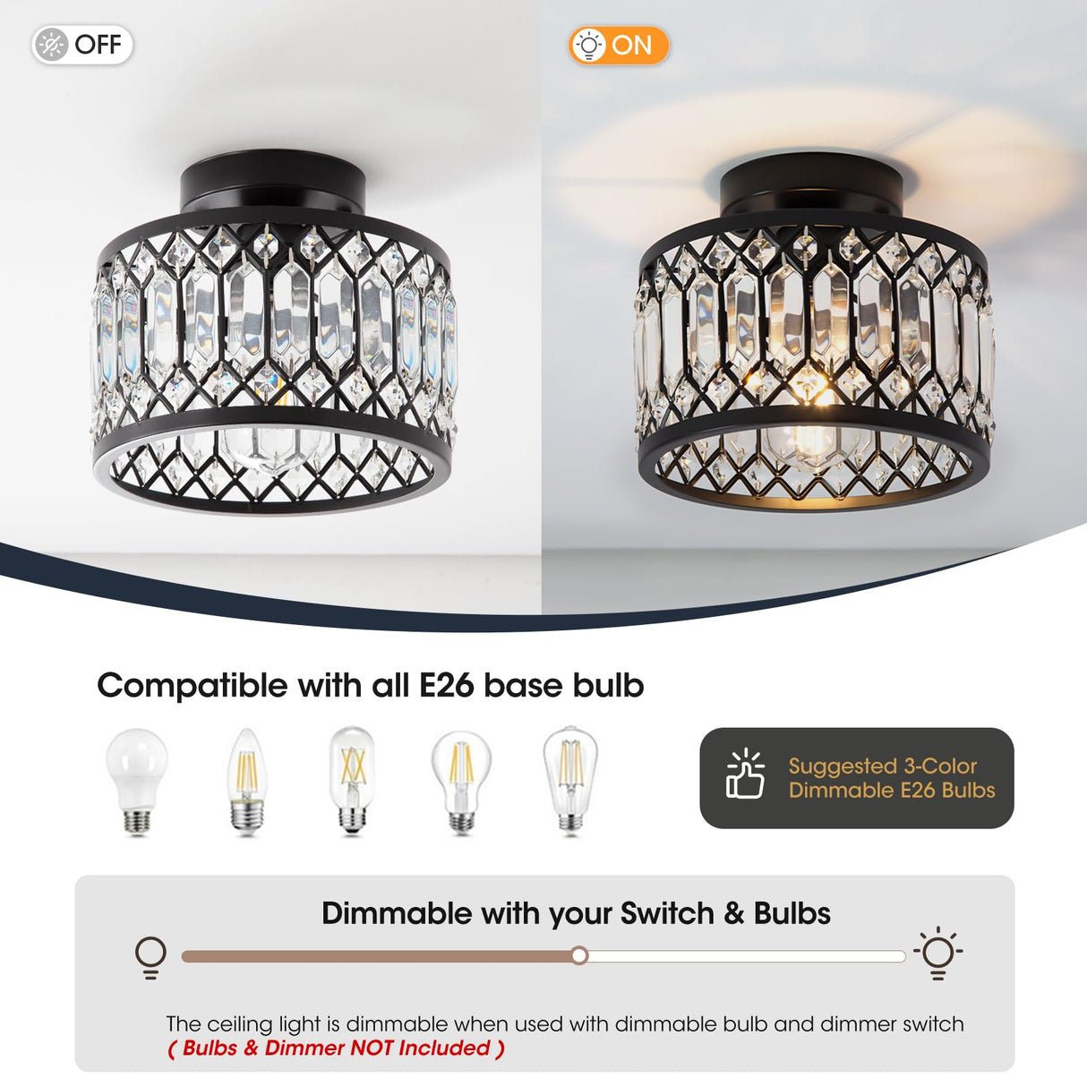 WimiSom Black Crystal Ceiling Light, Modern Semi Flush Mount Ceiling Lighting Fixture, Hand Woven Flush Mount Ceiling Light for Hallway, Bedroom, Kitchen, entryway, Living Room WimiSom