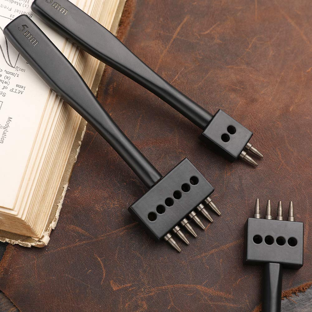 DIUDUS Leather Hole Punch, Prong Punch, Black Hole Punch Tool 5mm, 2/4/6 Lacing Stitching Punch, Round Hole Prong Stitching Chisel Set Leather Working Tools for Leathercraft DIUDUS