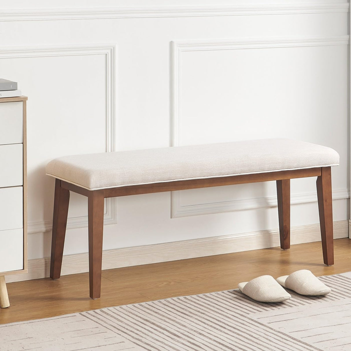 kinmars Upholstered Bench for Bedroom End of Bed,42.5-inch Entryway Bench for Living Room,Dining Bench with Padded Seat and Solid Wood Leg for Kitchen Bedroom,Indoor and Hallway (Bench, Beige) kinmars