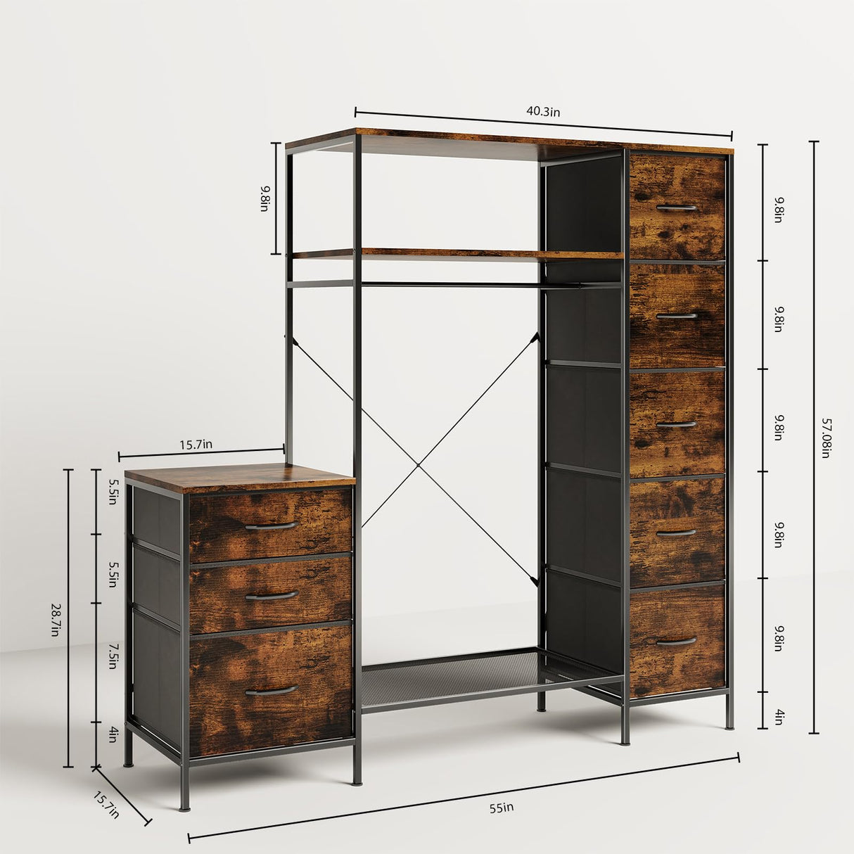 Famovoneer Garment Rack with Drawers & LED Light,Clothing Rack with Shelves,Tall Dresser with Hanging Rack for Apartment, Laundry Room, Bedroom Famovoneer