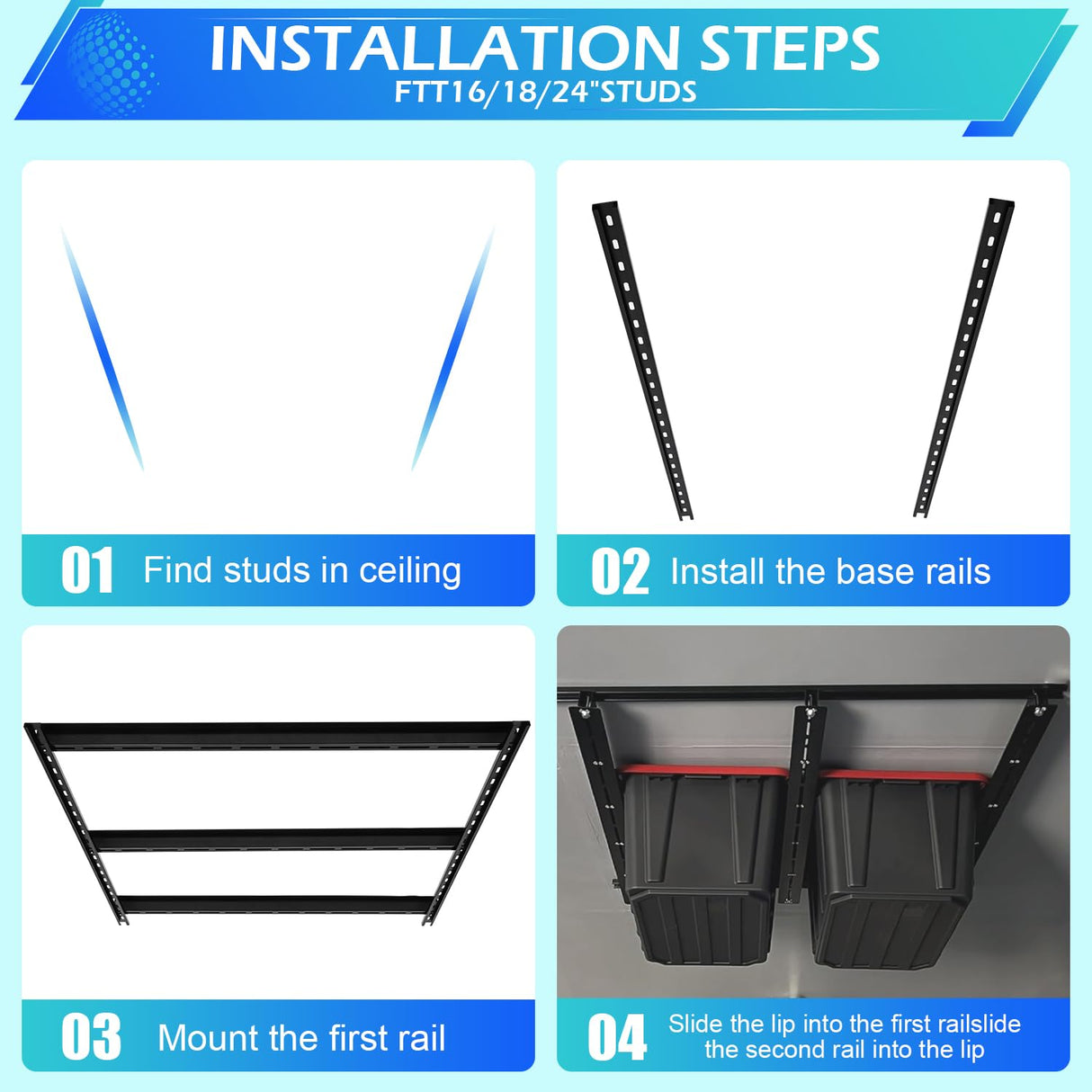 LMYYGOO Overhead Garage Storage Racks, Adjustable Ceiling Tote Storage Rails, Heavy Duty Garage Organizer Hanging Storage Rack for Most Storage Bins/Totes, 48" x 48" LMYYGOO