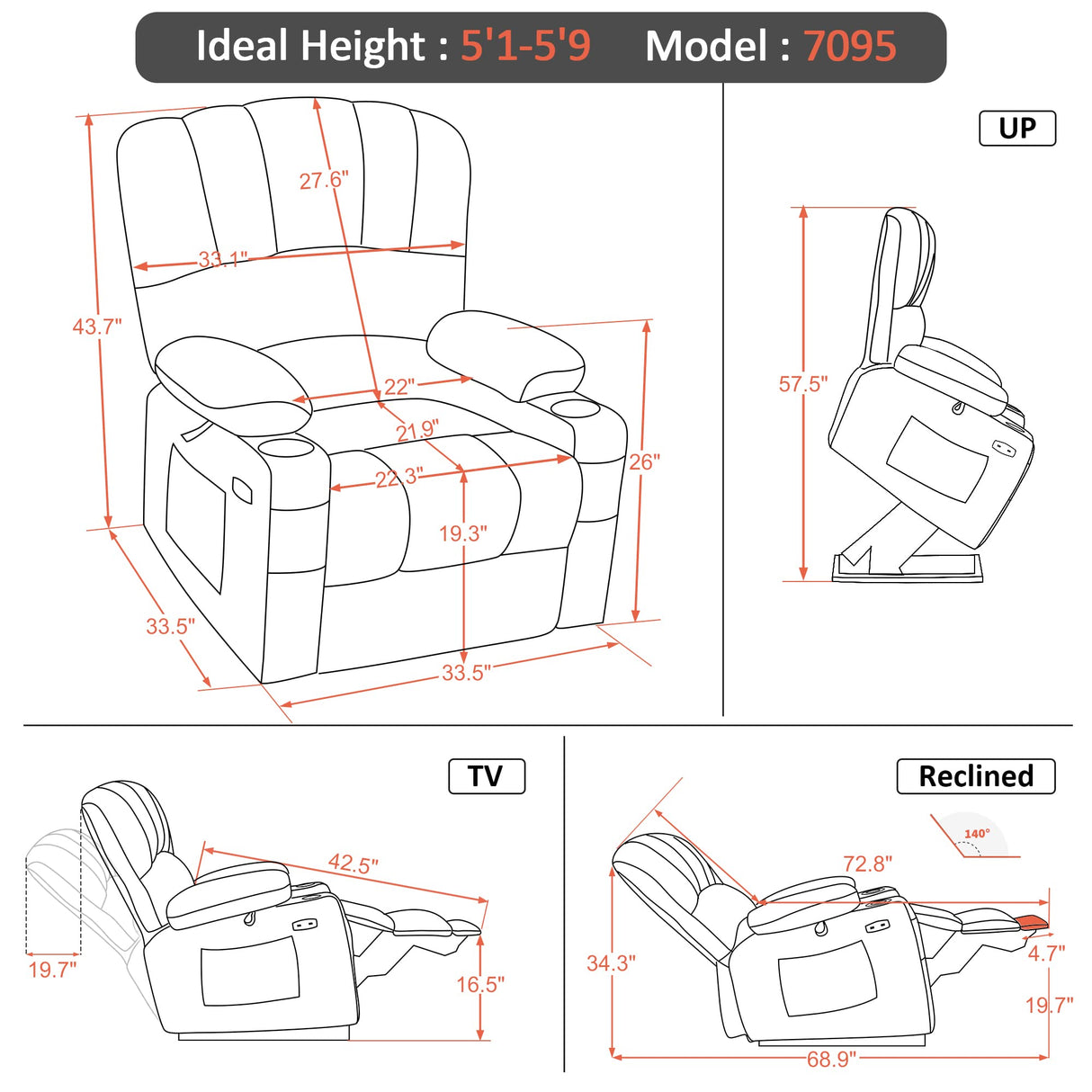 MCombo Power Lift Recliner Chair for Elderly, Lift Chair with Heat and Massage, USB &Type C Ports, Cup Holders, Faux Leather 7095 (Medium, Grey) MCombo