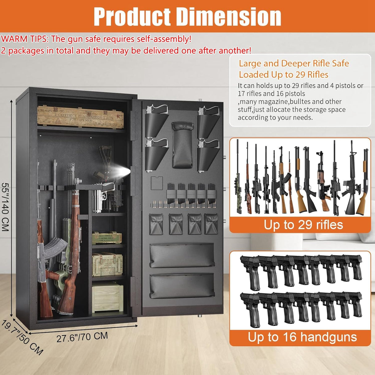 Large Rifle Safe, 30-40 Gun Safe for Rifle and Shotgun/Rifle Pistol Rack/Storage Pocket/Removable Shelf/Silent Mode/External Battery/LED/Key,180° Open Door Panel Organizer Unassembled Gun Safe TTSITG