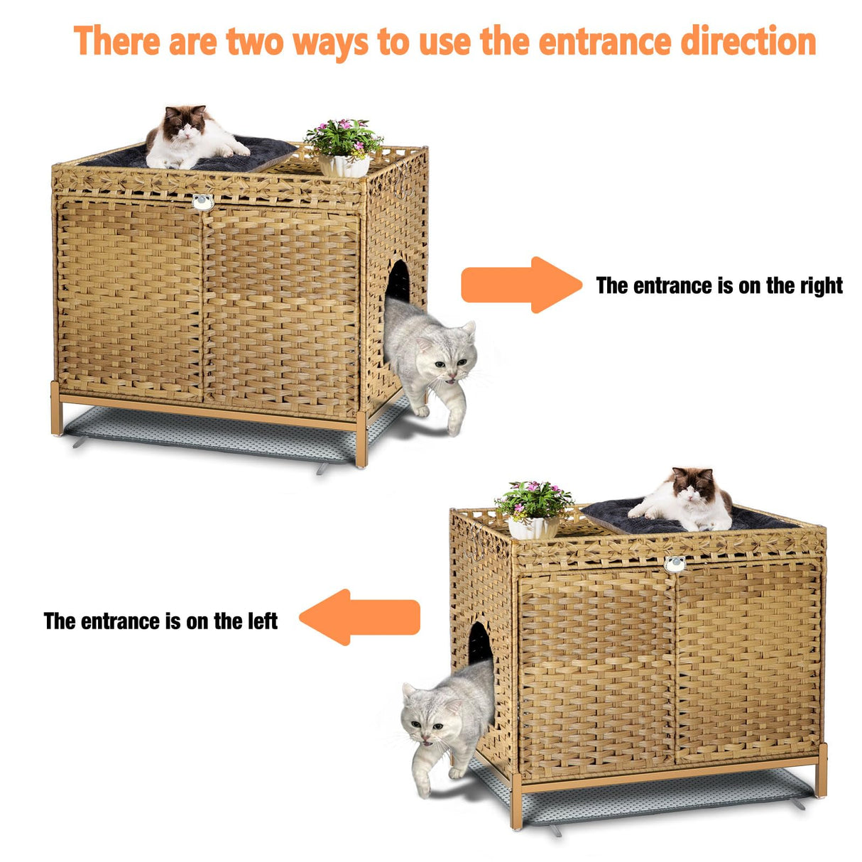 KUREEISE Cat Litter Box Enclosure; Cat Litter Box Enclosure Furniture with Cat Litter Mat;Handwoven Rattan Cat House with Metal Heightened Feet;30.3×18.3×28 Inches;Living Room, Bedroom-Natural KUREEISE