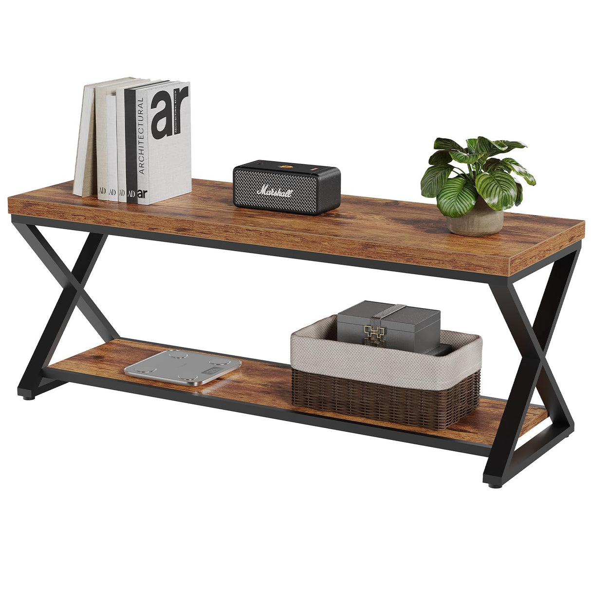 IBF Farmhouse Wood Bench, Industrial Storage Entryway Indoor Bench for Bedroom Hallway Living Room, Rustic Wooden Metal Shoe Rack Accent Foyer Bench Seat for Entrance Sitting, Rustic Brown, 47 in Long IBF