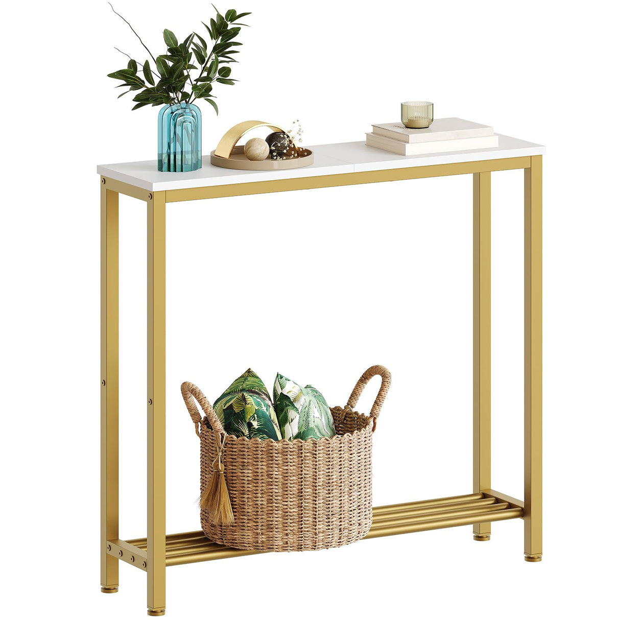 YATINEY Narrow Console Table, 2-Tier Small Sofa Table, 29.5" Thin Entryway Table, Behind Couch Table with Shelves, Industrial Hallway Table, for Living Room, Foyer, White and Gold CT03DW YATINEY