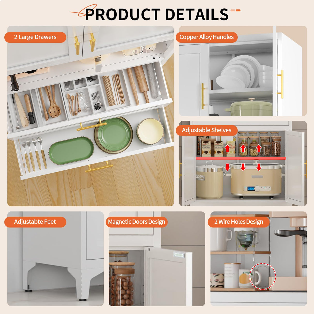 steelftyn 75" Pantry Storage Cabinet, Metal Storage Cabinet with 4 Doors, 2 Drawers, 3 Adjustable Shelves, White steelftyn