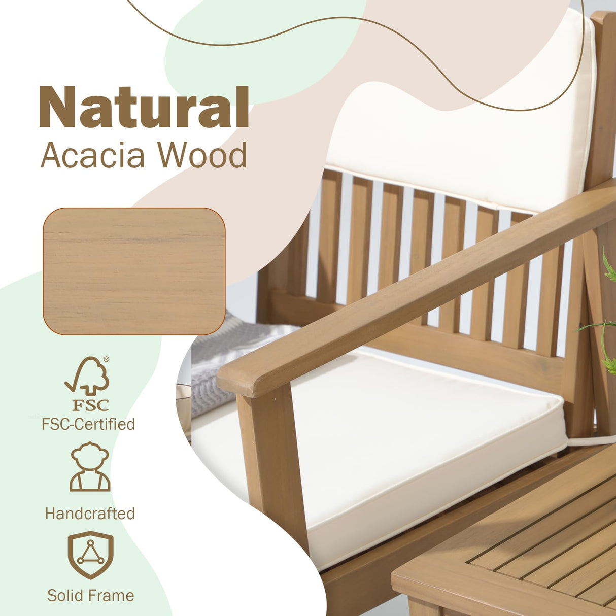 SUNSITT Patio Set 3 Piece Acacia Wood Outdoor Patio Furniture Set FSC Certified Bistro Table and Chairs with Cream White Cushions for Balcony, Porch, Backyard SUNSITT