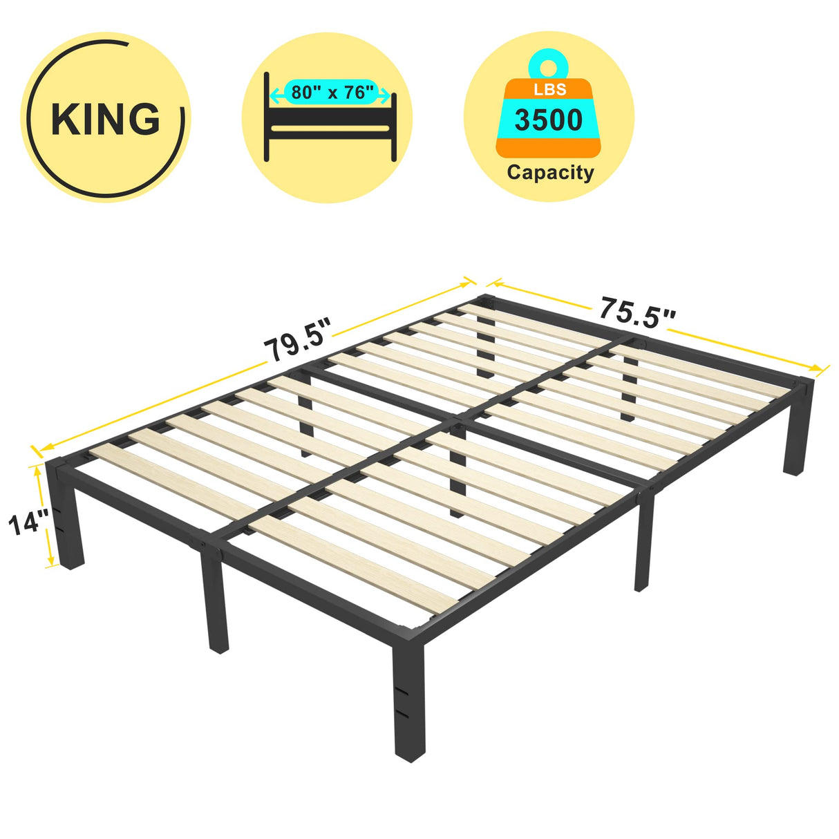 ROIL Heavy Duty 14-Inch King Bed Frame with Wooden Slats and Under-Bed Storage, No Box Spring Needed ROIL