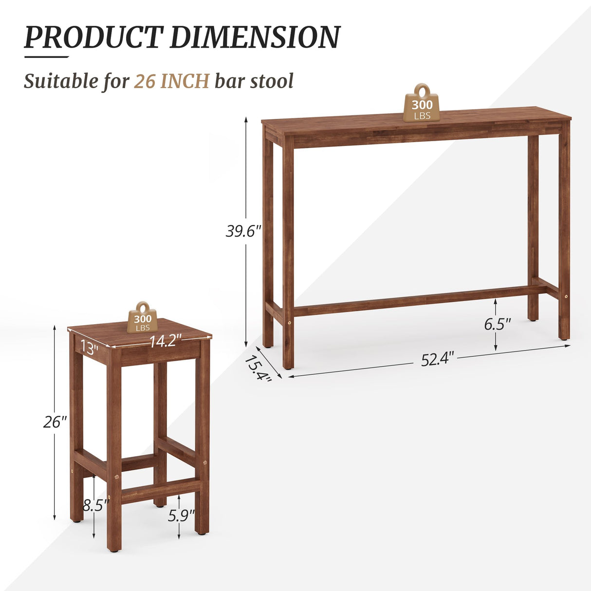 Cozyman 53 inch Bar Table and Chairs Set, Acacia Wood Pub Table with 2 Stools, Rectangular Counter Height Table Set for Dining Room, Kitchen, Living Room, Teak Brown Cozyman