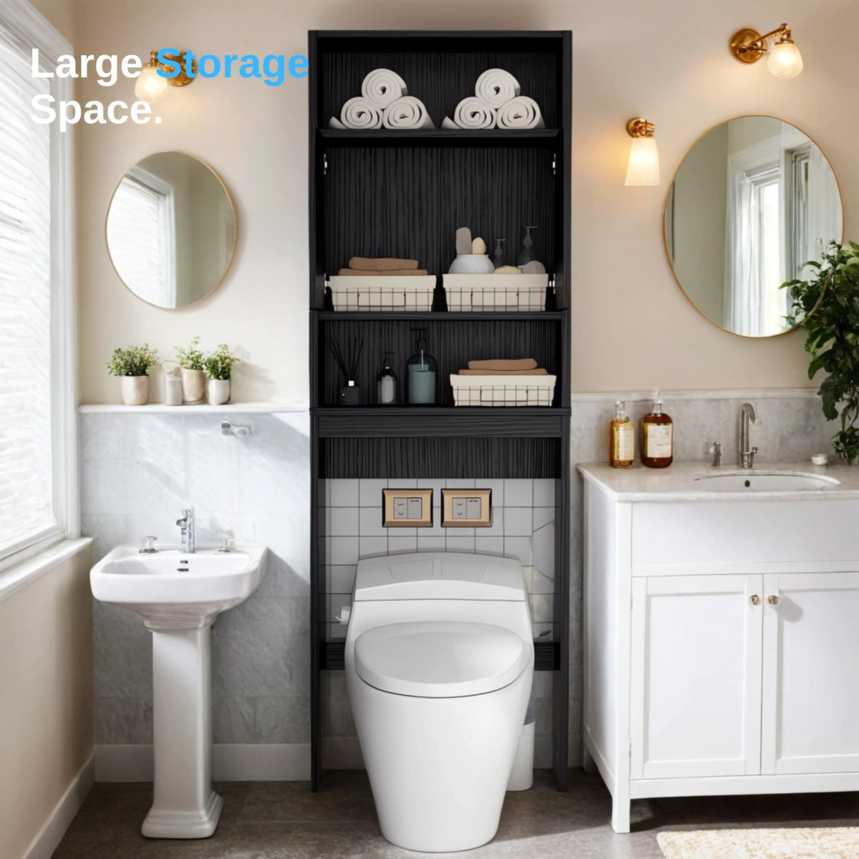 Tydaris Black Over The Toilet Storage Cabinet with Adjustable Shelf and Double Doors Tydaris