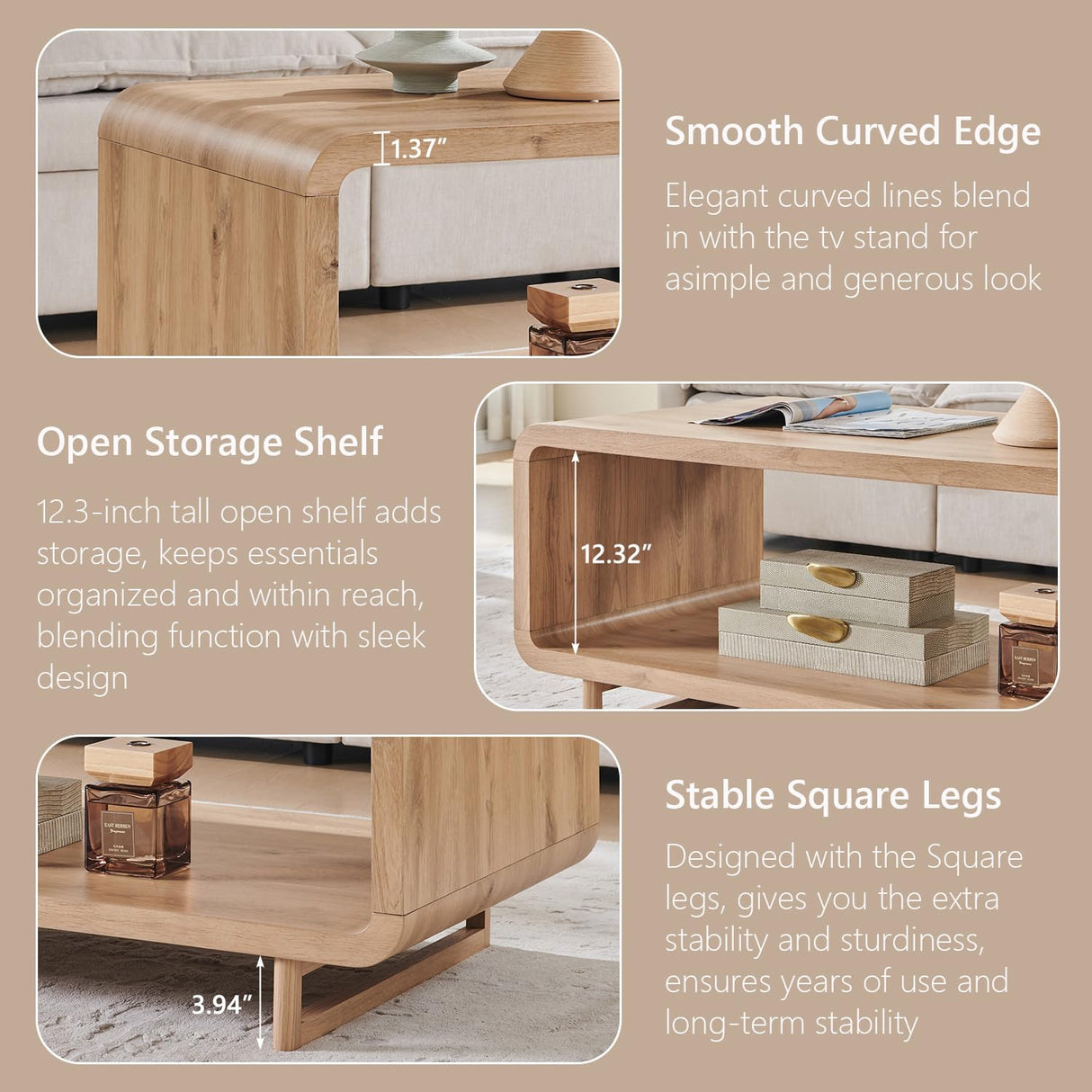 IFGET 48" Modern Coffee Table, 2-Tier Minimalist Center Table with Storage Shelf, Curved Profile Design, Wooden Rectangular Living Room Table w/Wood Thick Design for Living Room, Office, Natural Oak IFGET