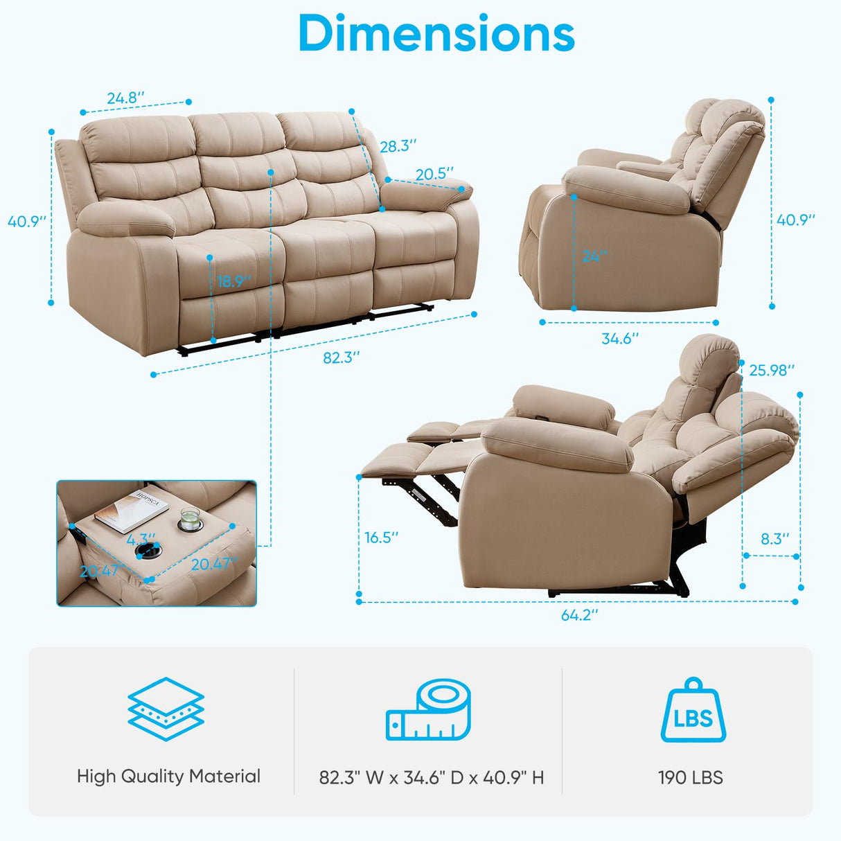 Mjkone Recliner Home Theater Seating, 3 Seater Power Reclining Sofa Chair, Manual Control Recliner Couch with Cup Holders & Flipped Middle Backrest & Table, Modern Couches for Living Room, Beige Mjkone