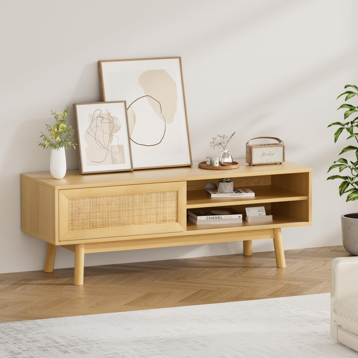 SYESWAY 46.8" Rattan TV Stand Boho TV Stand for up to 55 inches TV Entertainment Center with Natural Rattan Door Mid Century Modern TV Console for Living Room,Bedroom SYESWAY