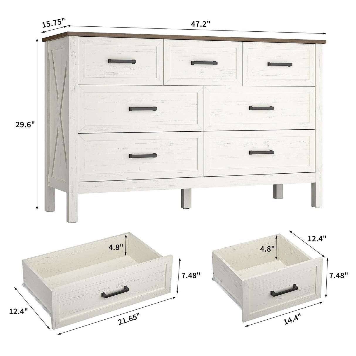 BAZELOR Farmhouse 7 Drawers Dresser for Bedroom, Modern Dresser with Metal Handle, Natural Texture, Wood Rustic Chest of Drawers for Bedroom,Living Room,Hallway and Entryway, Antique White BAZELOR