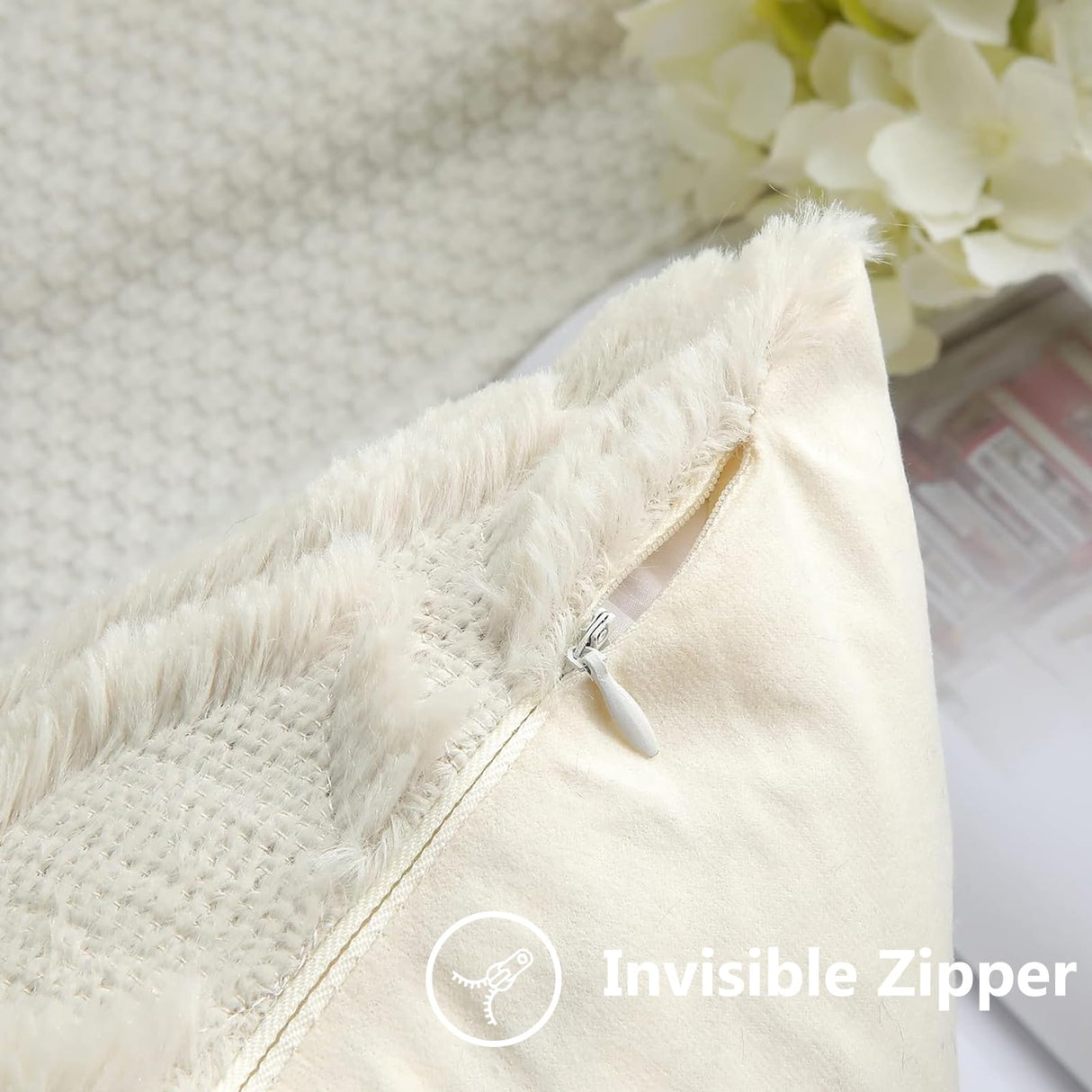 decorUhome Throw Pillow Covers 18x18 Inch Set of 2, Soft Plush Faux Wool Beige Solid Couch Pillow Covers, Accent Farmhouse Neutral Square Pillow Cases for Sofa Bed Living Room decorUhome