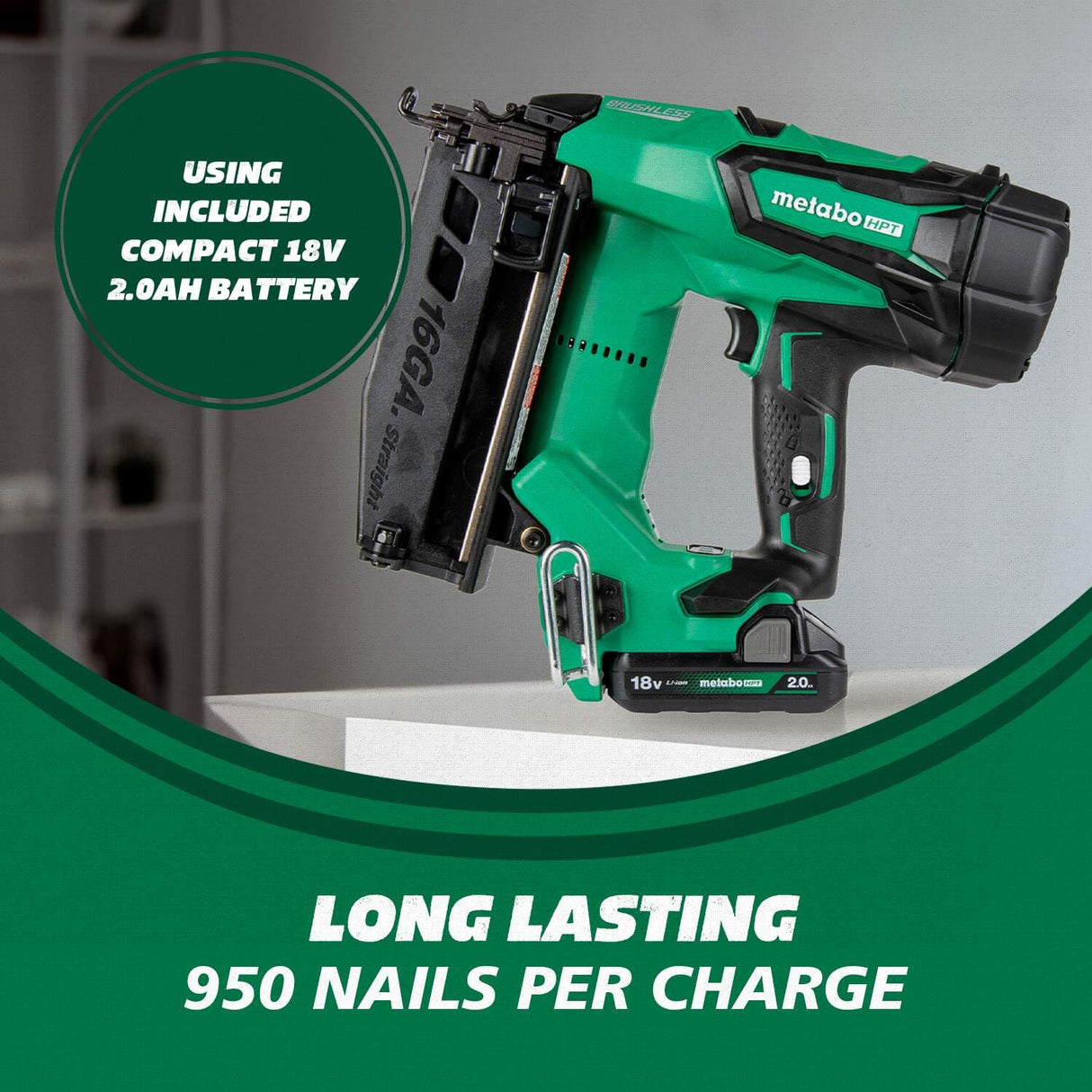 Metabo HPT 18V MultiVolt™ Straight Cordless Finish Nailer Kit, 16 Gauge Finish Nailer, (1) 18V 2.0Ah Lithium Ion Battery w/Fuel Gauge, Accepts Finish Nails, Lifetime Power Tool Warranty, NT1865DMST Metabo HPT