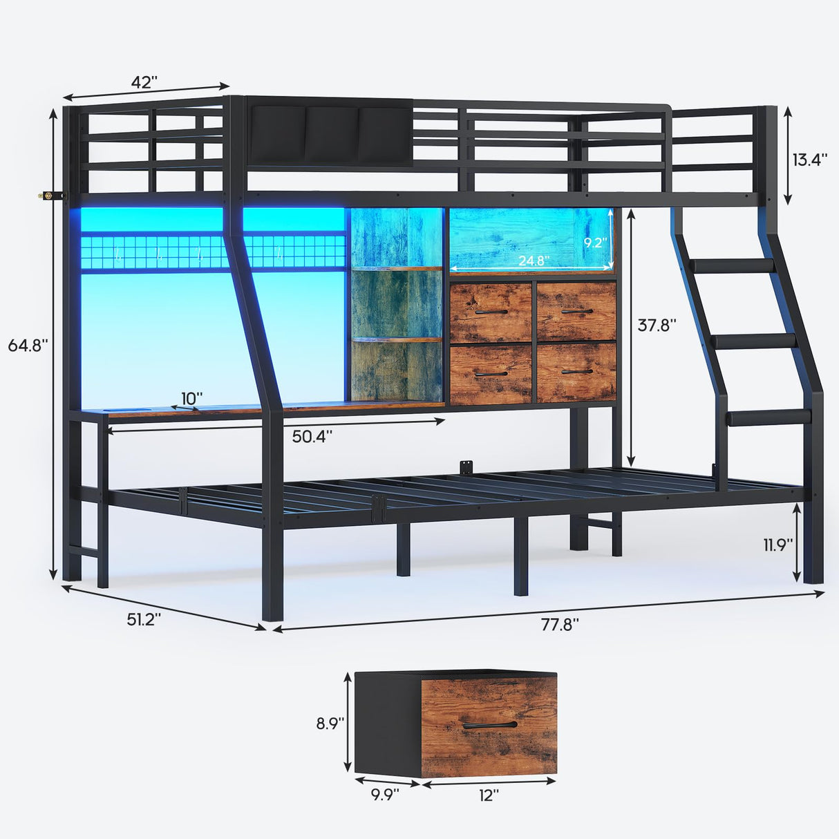 BTHFST Bunk Bed Twin Over Twin with 4 Storage Drawers & Shelves & Bedside Caddy, Twin Bunk Beds with Led Lights & Charging Station, Metal Bunk Bed with Angled Ladder & Safety Guardrail, Rustic Brown BTHFST