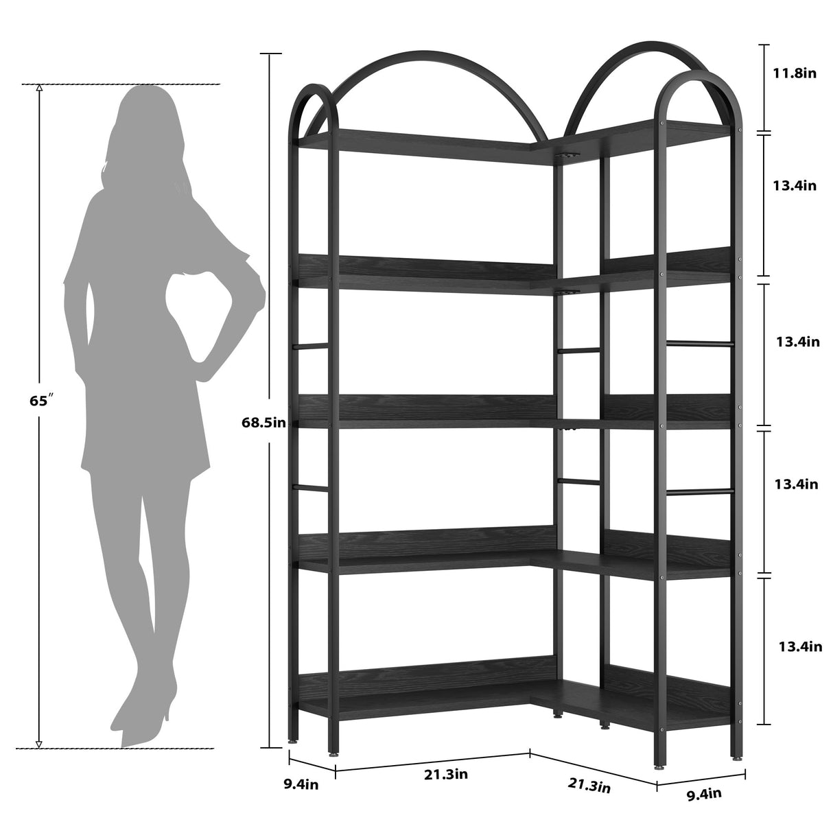 Loumernhant Arched Corner Bookshelf 68.5" Tall, Industrial Wood & Metal Bookcase for Home Office, 5-Tier Storage Shelf for Books/Toys/Decor Loumernhant