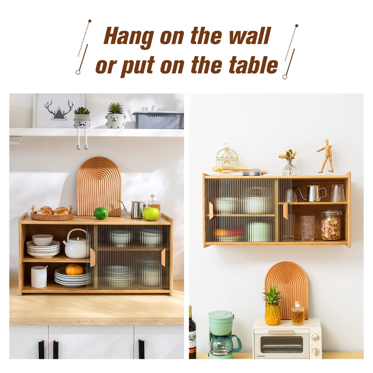 HollyHOME Burlywood Bamboo Wall-Mounted Kitchen Pantry with Sliding Glass Doors and Ample Storage HollyHOME