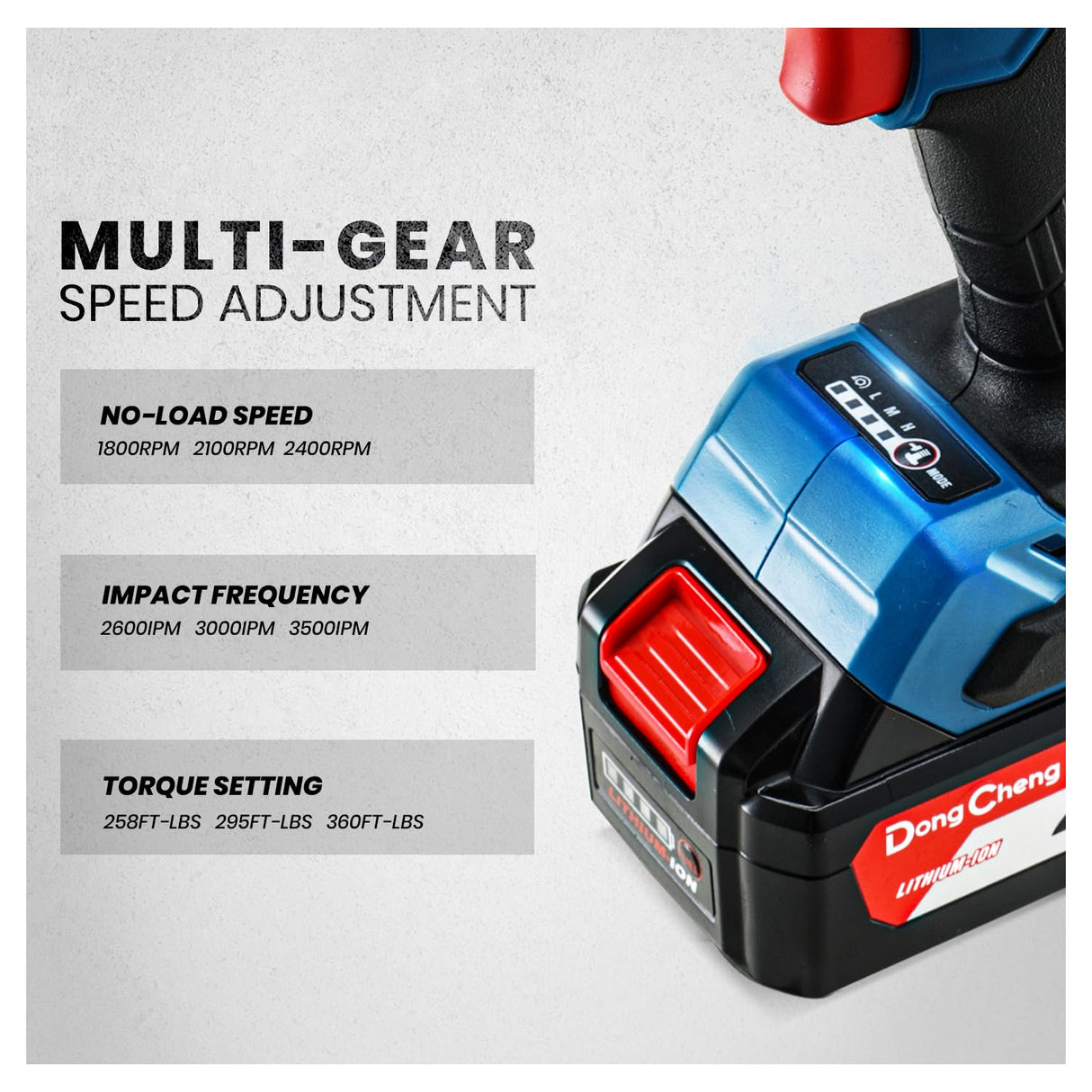 Dong Cheng 20V Cordless Impact Wrench, Max Torque 360 ft-lbs (488N.m), 1/2 inch with 3 Mode Speed, 2400 RPM Brushless Impact Gun, Includes 4.0Ah Battery, Charger, 4 Impact Sockets and Kit Bag Dong Cheng