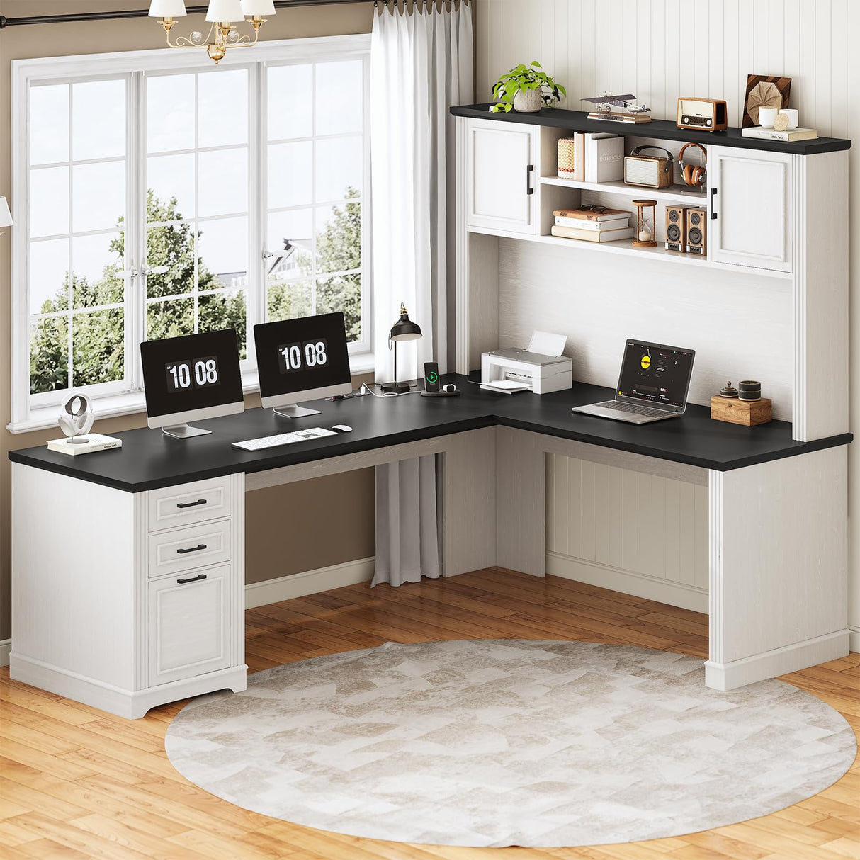 SEDETA Farmhouse L Shaped Desk with Hutch and 3 Drawers, 68.9" Executive Office Desk with File Drawer and Power Outlet, Corner Computer Desk with Storage Shelves for Home Office, White SEDETA