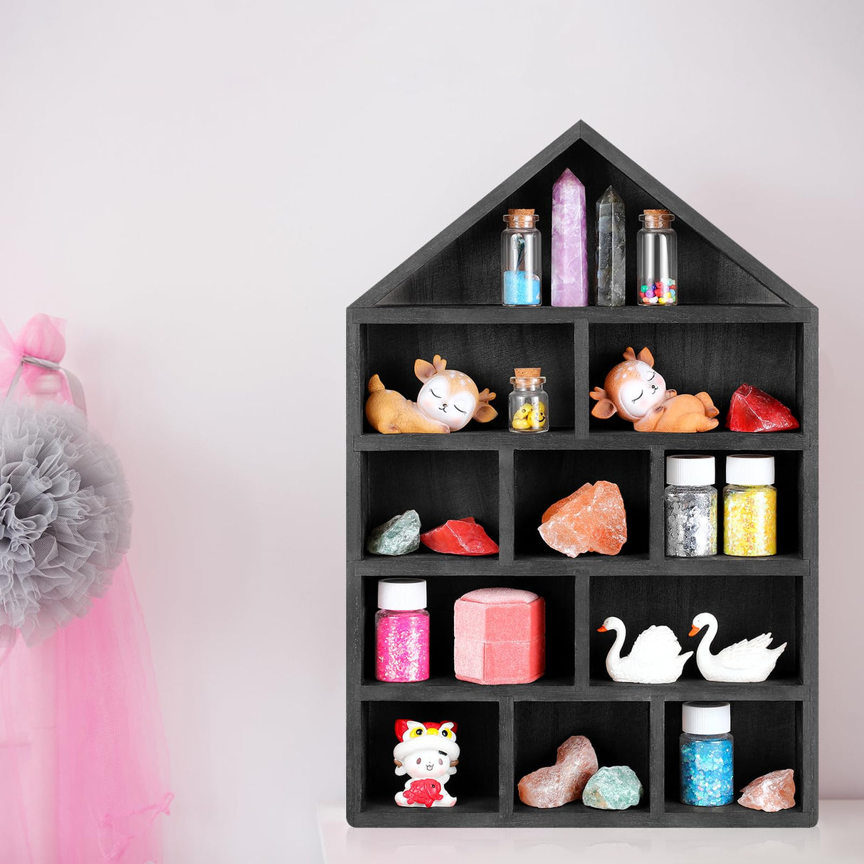 Threehoney House Shaped Wooden Shadow Cubby Box 10 W x 2 1/4 D x 15 H Hanging Display Shelf Organizer Wall Mounted Curio Cabinet Wooden Display Case Miniature Display Shelf for Figures (Black) Threehoney