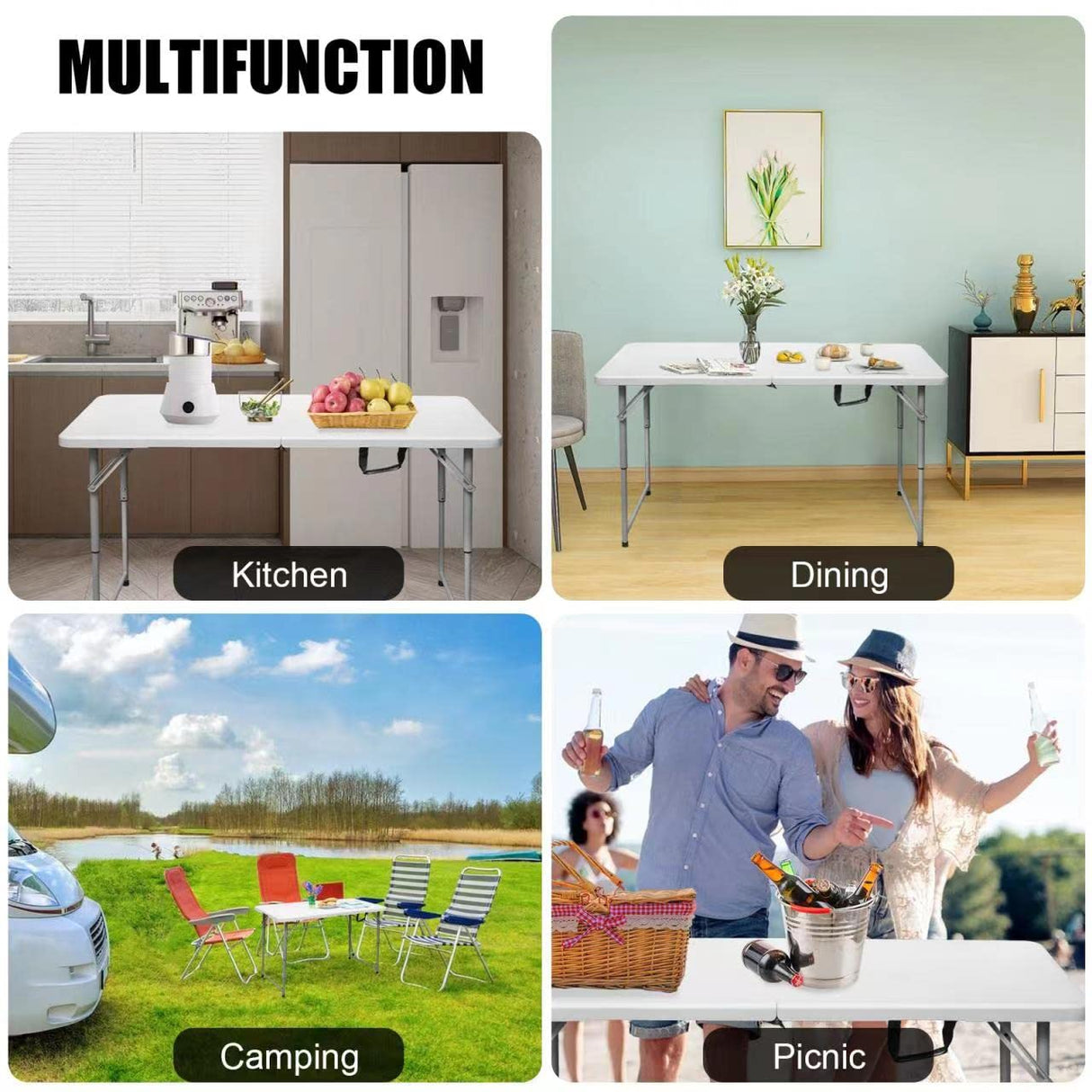 Byliable Folding Table 4 Foot Portable Heavy Duty Plastic Fold-in-Half Utility Table Small Indoor Outdoor Adjustable Height Folding Table with Carrying Handle, Camping and Party,White Byliable