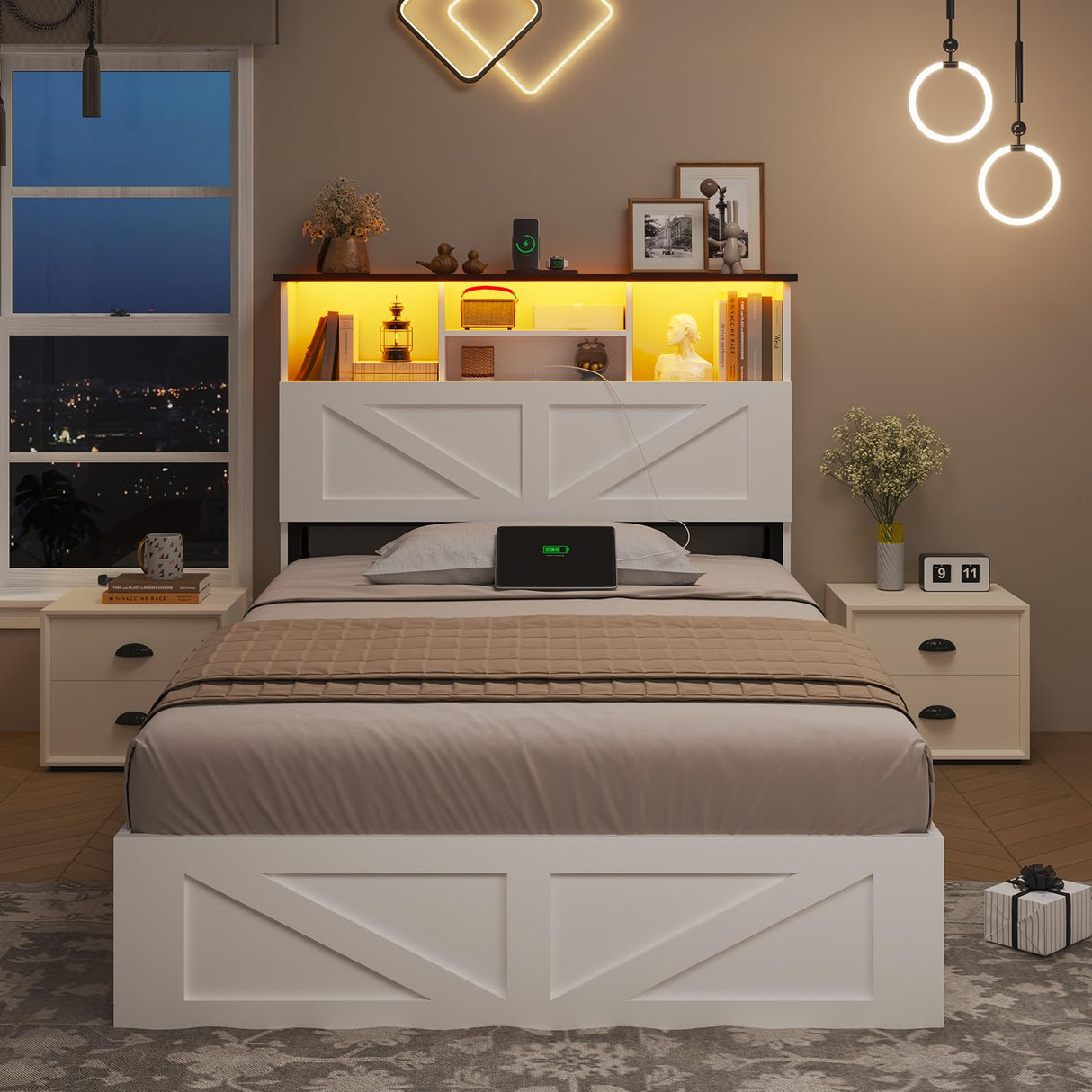 AOGLLATI Farmhouse Twin Bed Frame with 4 Storage Drawers and Charging Station,Wooden Led Twin Bed with Storage Hidden Space Headboard and Metal Slats,No Spring Box Needed,White AOGLLATI