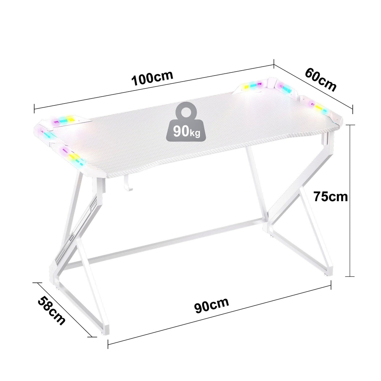 TIQLAB Small Gaming Desk with LED Lights, 40 Inch Computer Desk for Home Small Space, Gaming Table with Carbon Fiber Surface, PC Gamer Desk for Kids Boys Men, White TIQLAB