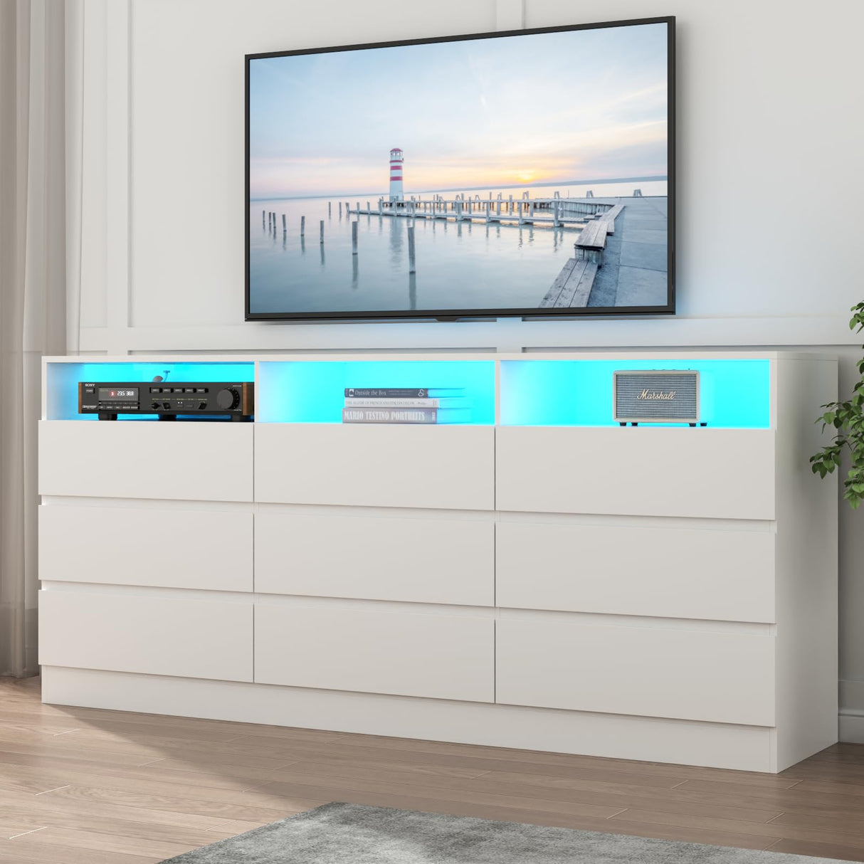 Gyfimoie 9 Drawer Dresser with Power Outlet and LED Light, Modern Storage Dresser for Bedroom, Living Room Gyfimoie