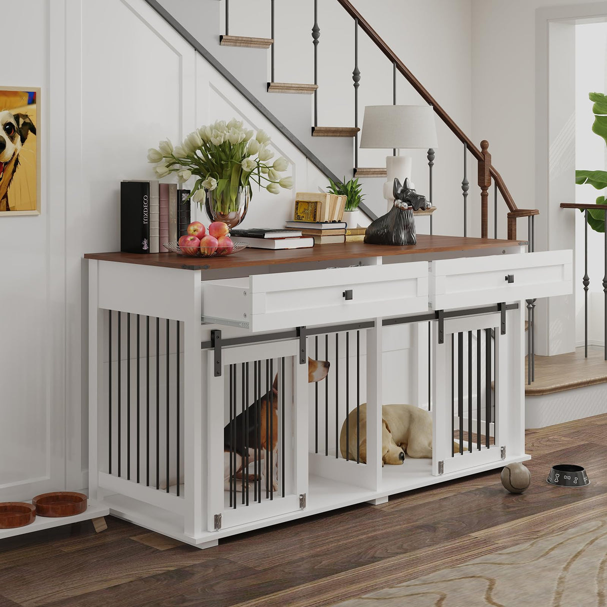 63'' Dog Crate Furniture for 2 Dogs, Wooden Dog Crate Table Furniture with 2 Storage Drawers, Indoor Dog Kennel with Divider and Double Sliding Doors, Large Pet House, White Cage Natural Wood Tabletop Kurhwyss