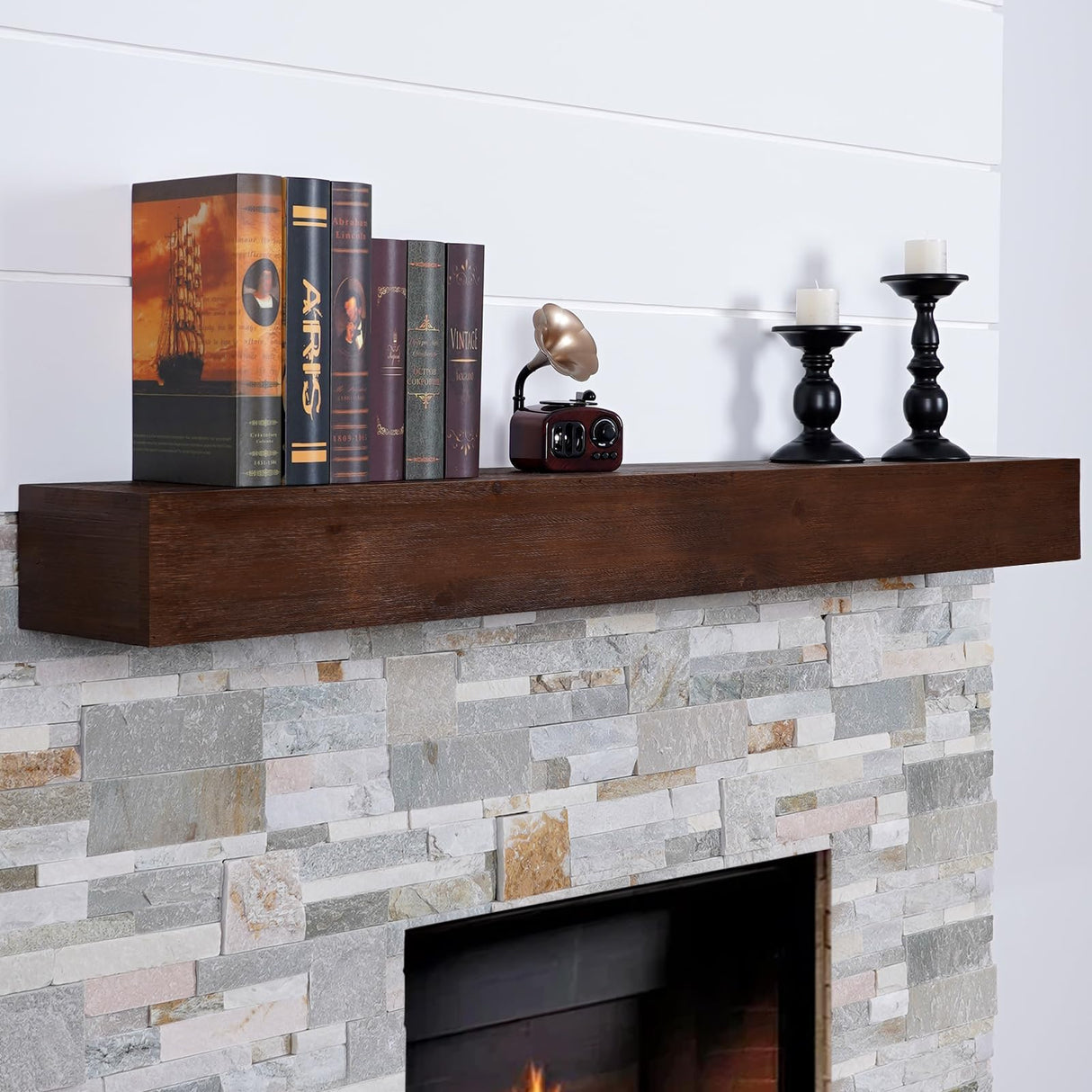 G GOOD GAIN Fireplace Mantel 54 inch - Handcrafted Rustic Solid Wood Mantel l Floating Mantle Shelves Decor for Wall, Bedroom, TV, Books, Livingroom.DarkWalnut G GOOD GAIN