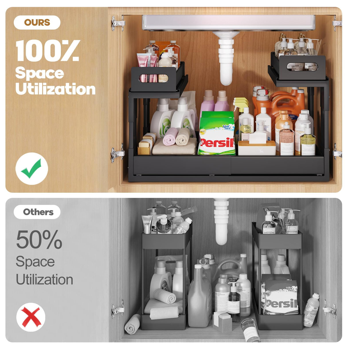 1 Pack Expandable Under Sink Organizers And Storage With Upgrade Ball-Bearing Slide Tracks,2-Tier Pull Out Under Cabinet Organizer Height Adjustable,Slide Out Under Sink Drawers-Black(Patent Pending) Biboraya