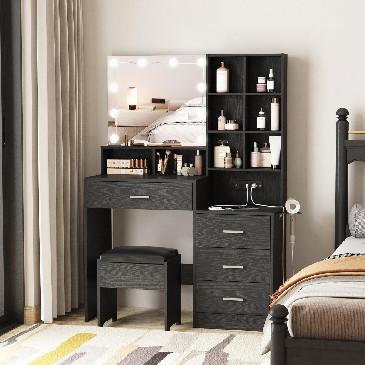 Vabches Black Vanity Desk with Mirror and Lights, Makeup Vanity Table with Charging Station, 3 Lighting Modes Brightness Adjustable, 4 Drawers, 8 Vabches