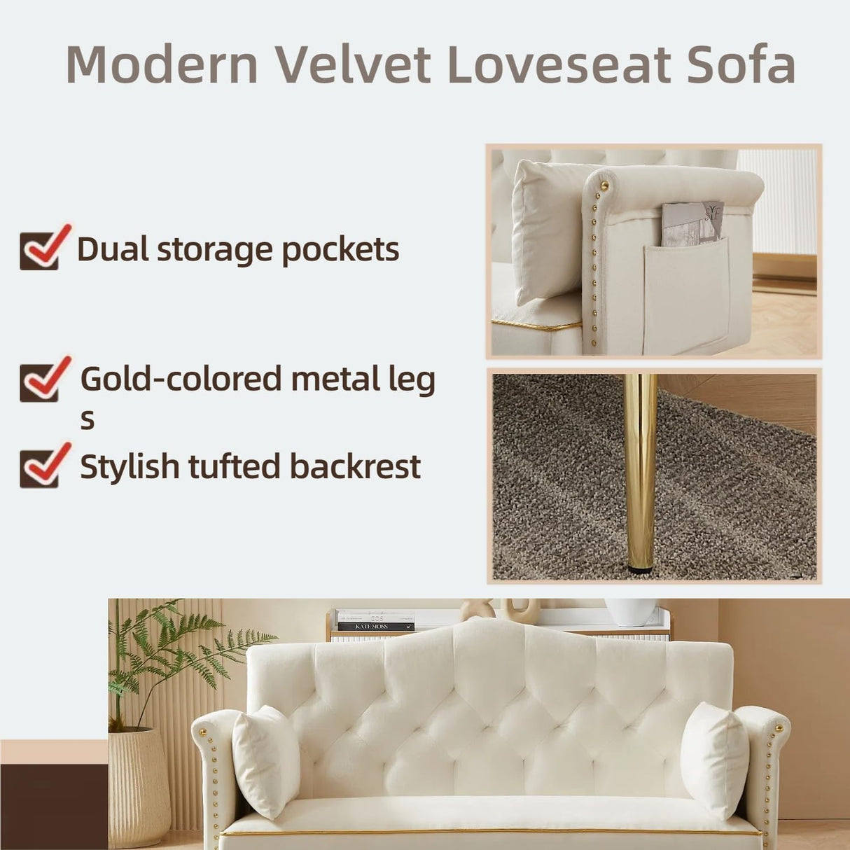 Small Velvet Loveseat Sofa with Gold Metal Legs,55-inch Modern Sofa Couch with 2 Side Pockets,Couch with Tufted Backrest for Living Room Bedroom Office (Beige) oaaktu
