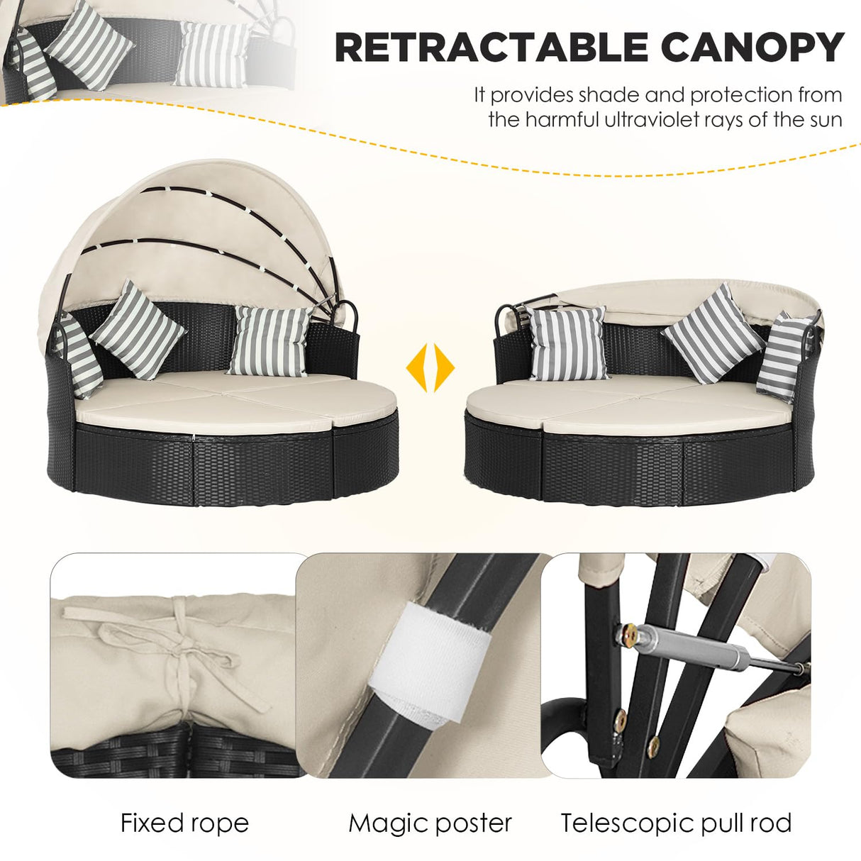 Outdoor Round Daybed Patio Bed Wicker Patio Furniture Outdoor Day Bed with Retractable Canopy Rattan Separated Seating Khaki Washable Cushioned and Three Pillow for Patio Backyard Porch Pool PayLessHere