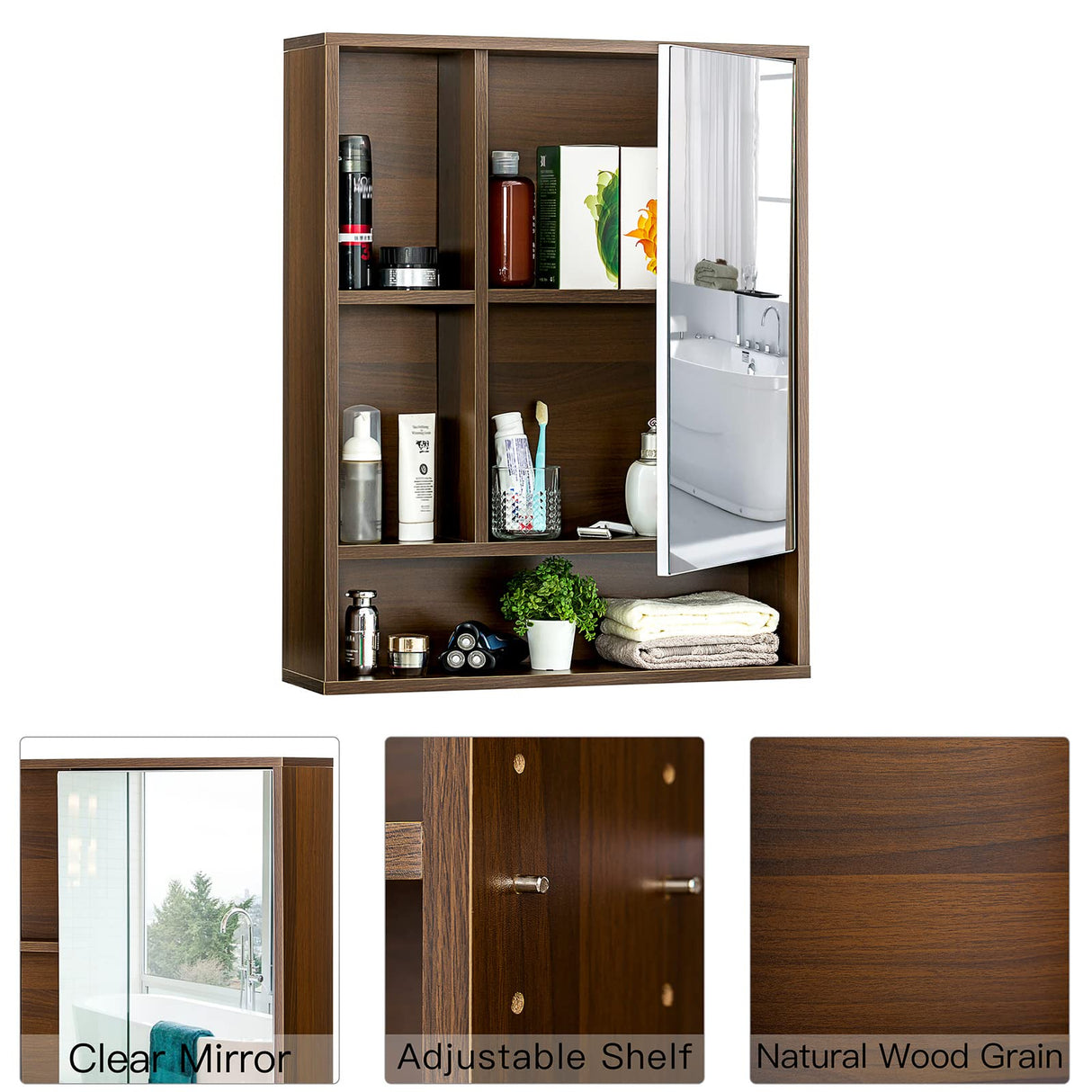 ChooChoo Bathroom Wall Mirror Cabinet, Medicine Cabinet with Single Door and Adjustable Shelf, Over The Toilet Space Saver Storage Cabinet, Walnut ChooChoo