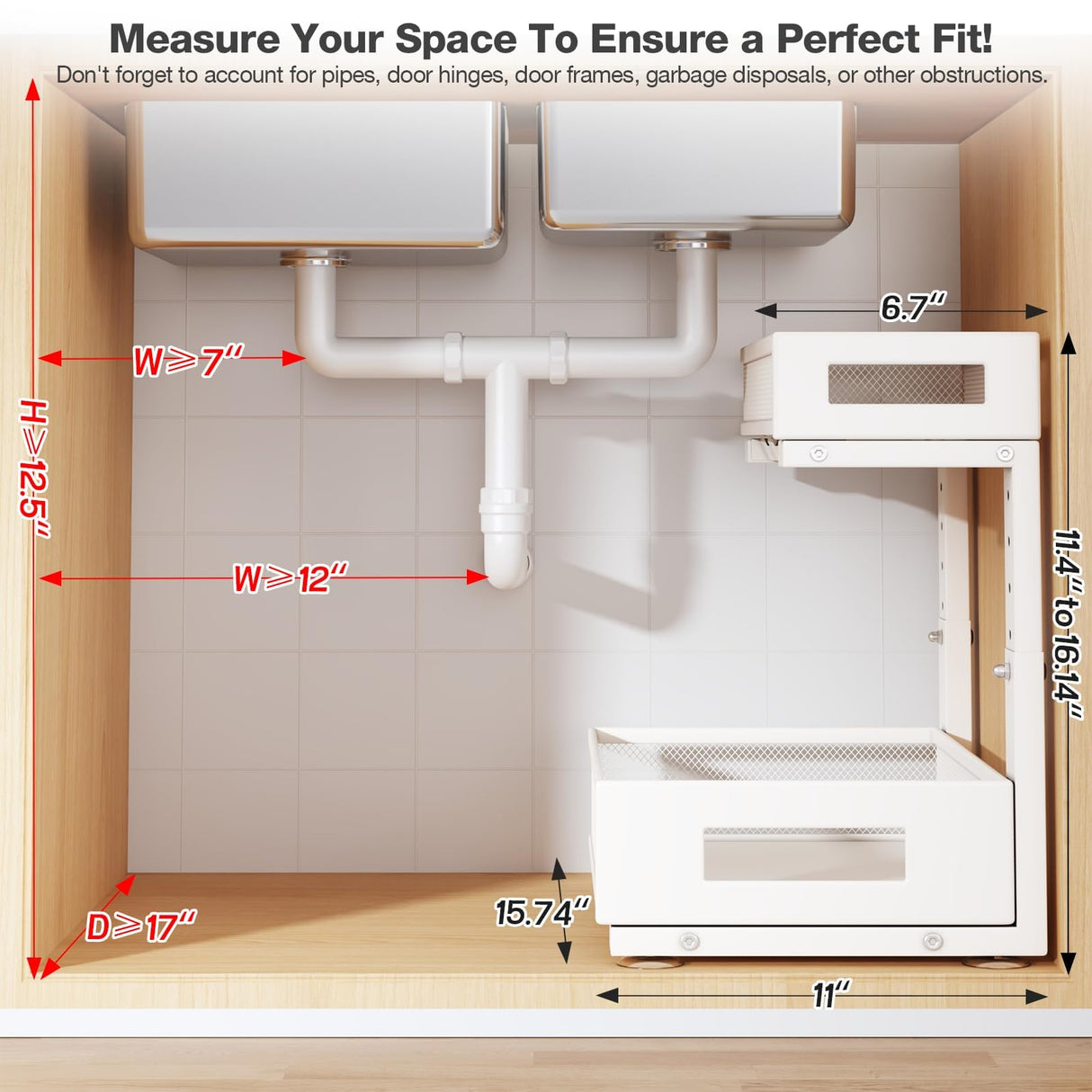 2-Pack Under Sink Storage Organizer, Large 2-Tier Elegant Mesh Pull Out Shelf for Kitchen and Bathroom Cabinet Organization, L-Shaped and Adjustable Height Design for Maximum Space Efficiency-White Biboraya