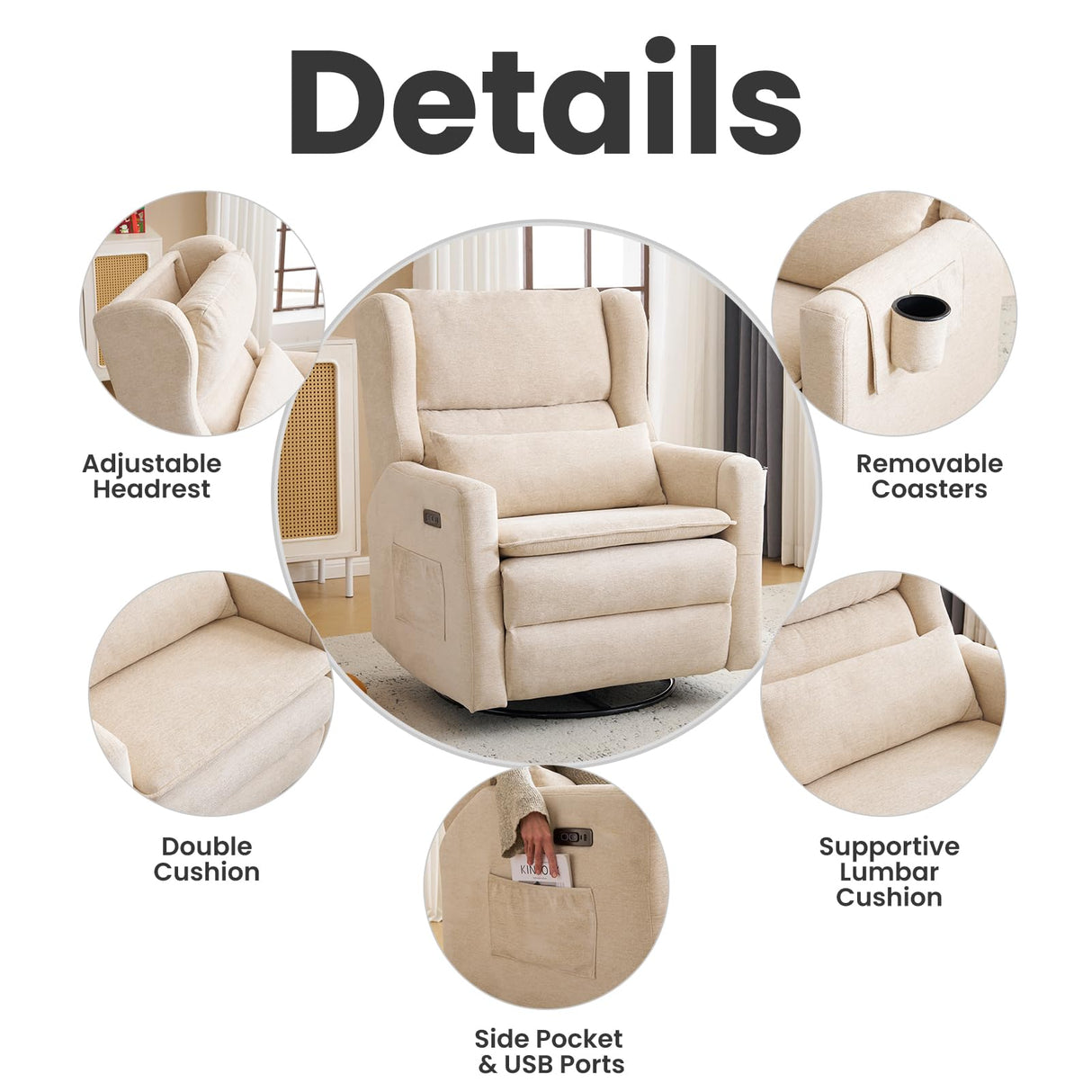 RUTOX Oversized Swivel Rocker Recliner with Adjustable Headrest, 26" Extra Wide Glider Recliner Nursery Chair with Double Cushion, Chenille Glider Rocking Chair for Living Room,Cup Holder,Beige RUTOX