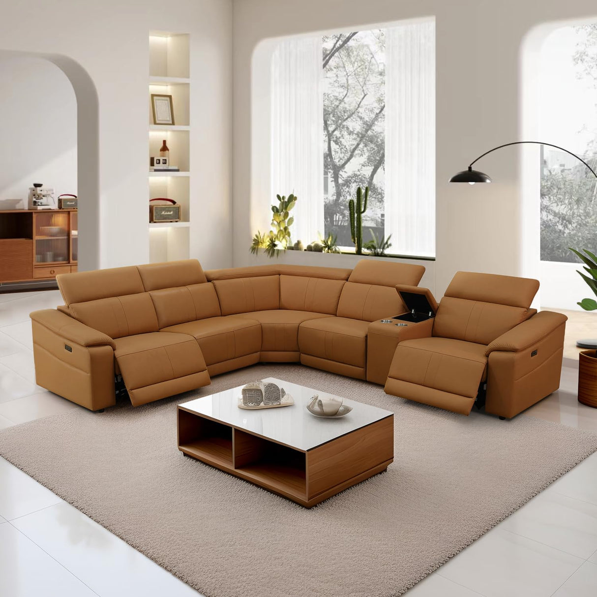 GEBADOL Power Recliner Sectional Sofa, L-Shaped Living Room Furniture Set, Light Brown Leather Sofa, Reclining Sectional Couch with Storage Console/Cup Holder for Living Room/House/Apt GEBADOL